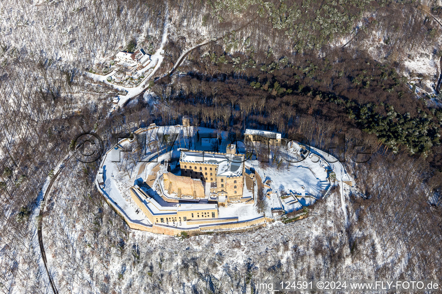 Oblique view of Wintry snowy castle of " Hambacher Schloss " in Neustadt an der Weinstrasse in the state Rhineland-Palatinate, Germany