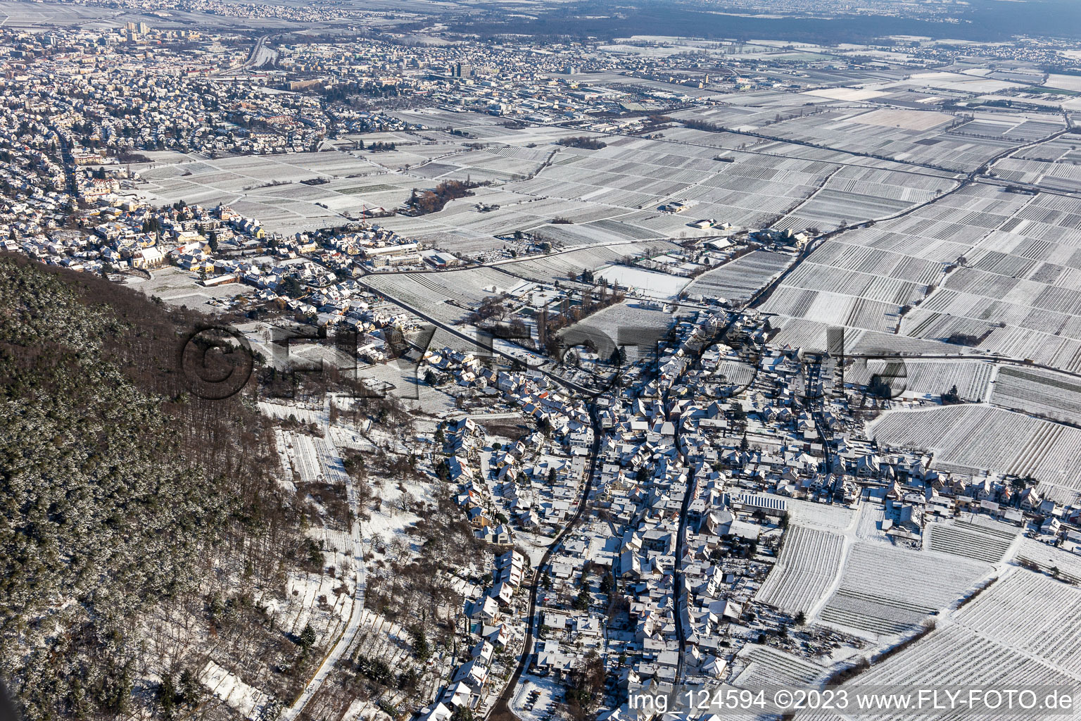 Aerial view of Winter aerial view in the snow in the district Hambach an der Weinstraße in Neustadt an der Weinstraße in the state Rhineland-Palatinate, Germany