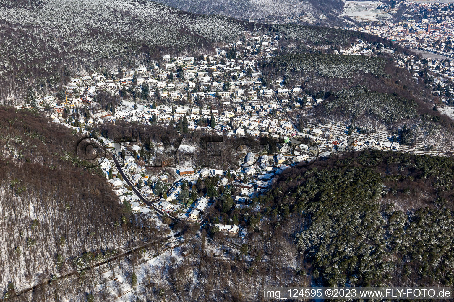 Winter aerial view in the snow on Triftbrunnenweg in the district Hambach an der Weinstraße in Neustadt an der Weinstraße in the state Rhineland-Palatinate, Germany