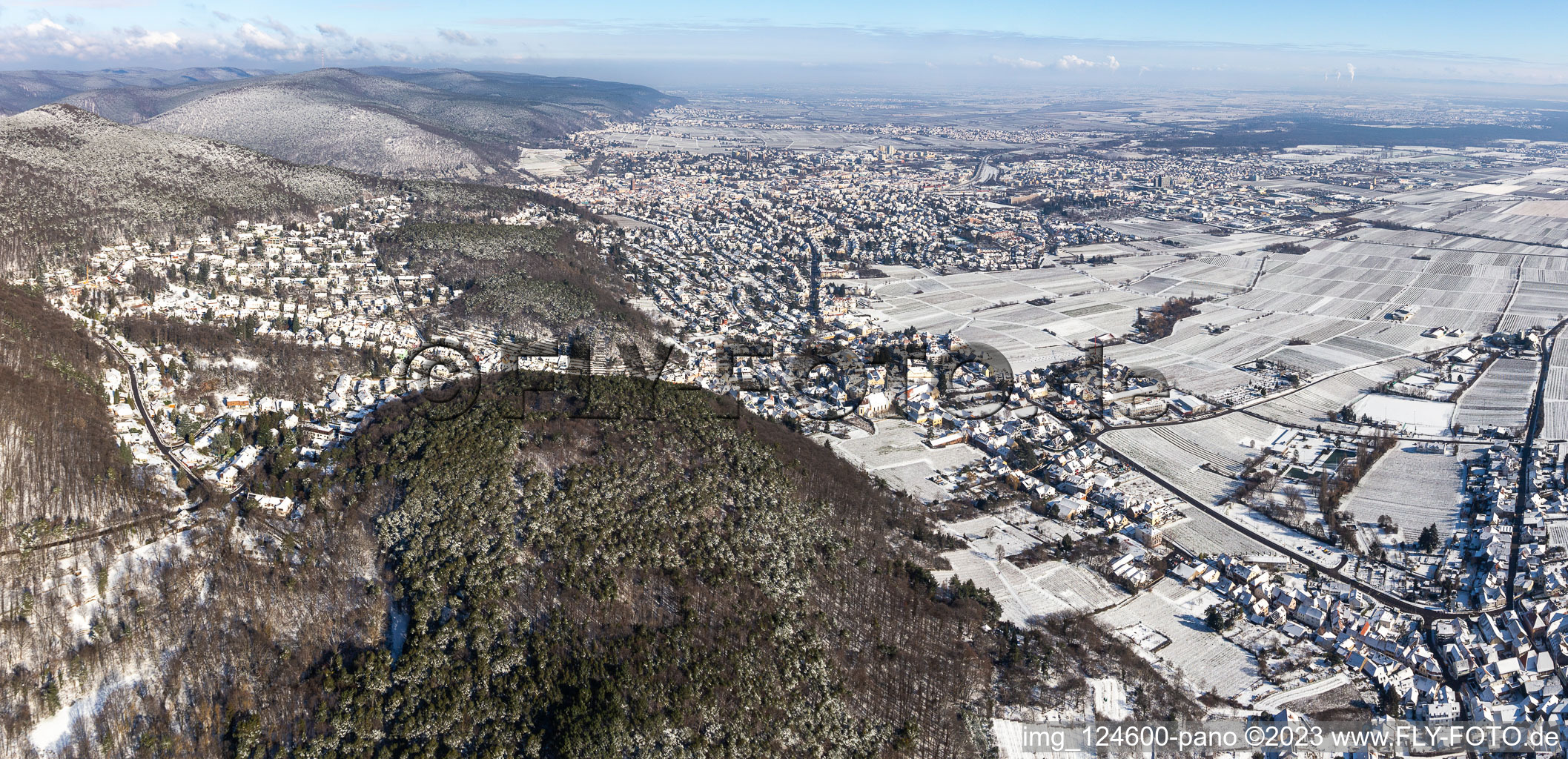 Aerial view of Winter aerial view in the snow in Neustadt an der Weinstraße in the state Rhineland-Palatinate, Germany