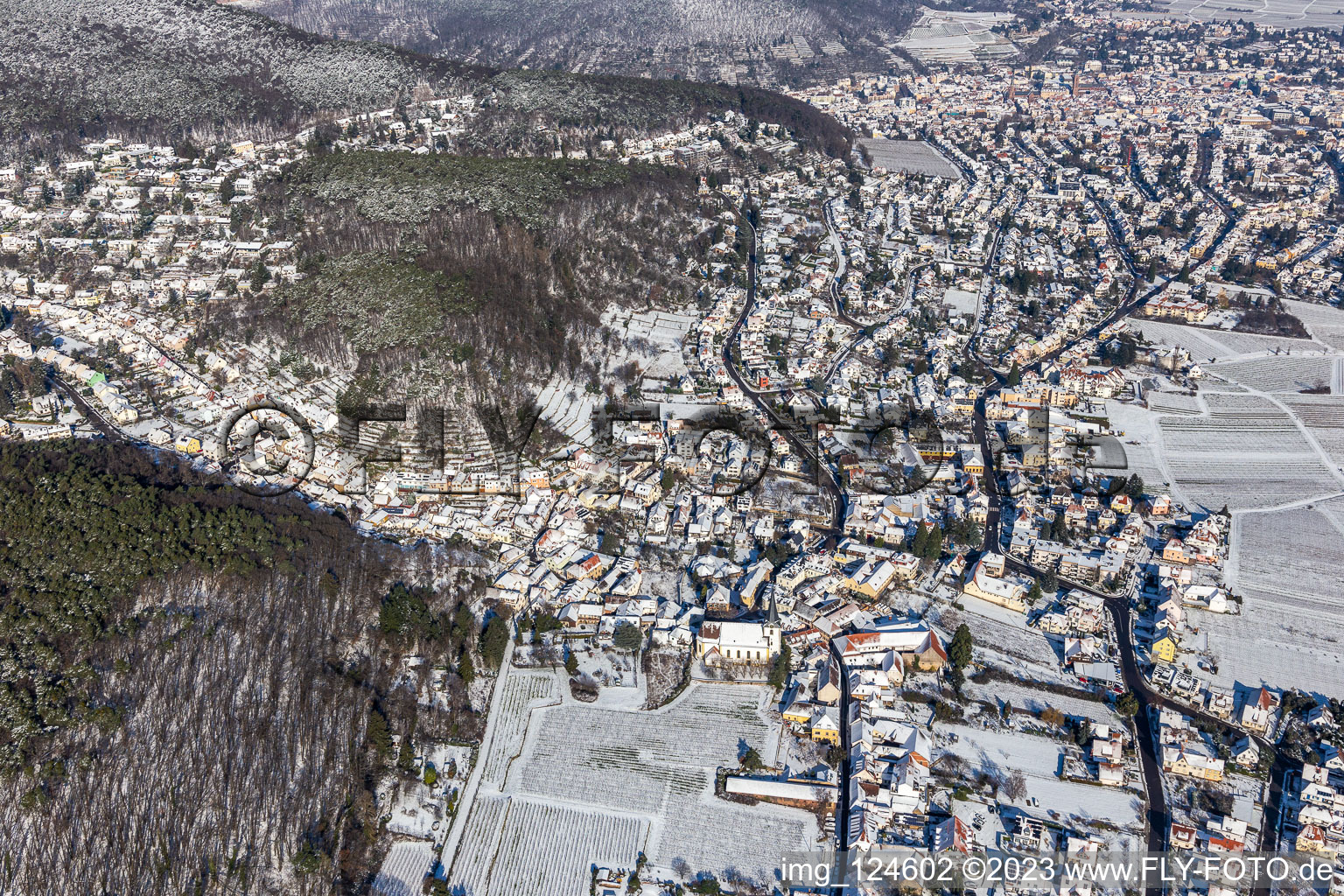 Aerial view of Winter aerial view in the snow in the district Hambach an der Weinstraße in Neustadt an der Weinstraße in the state Rhineland-Palatinate, Germany