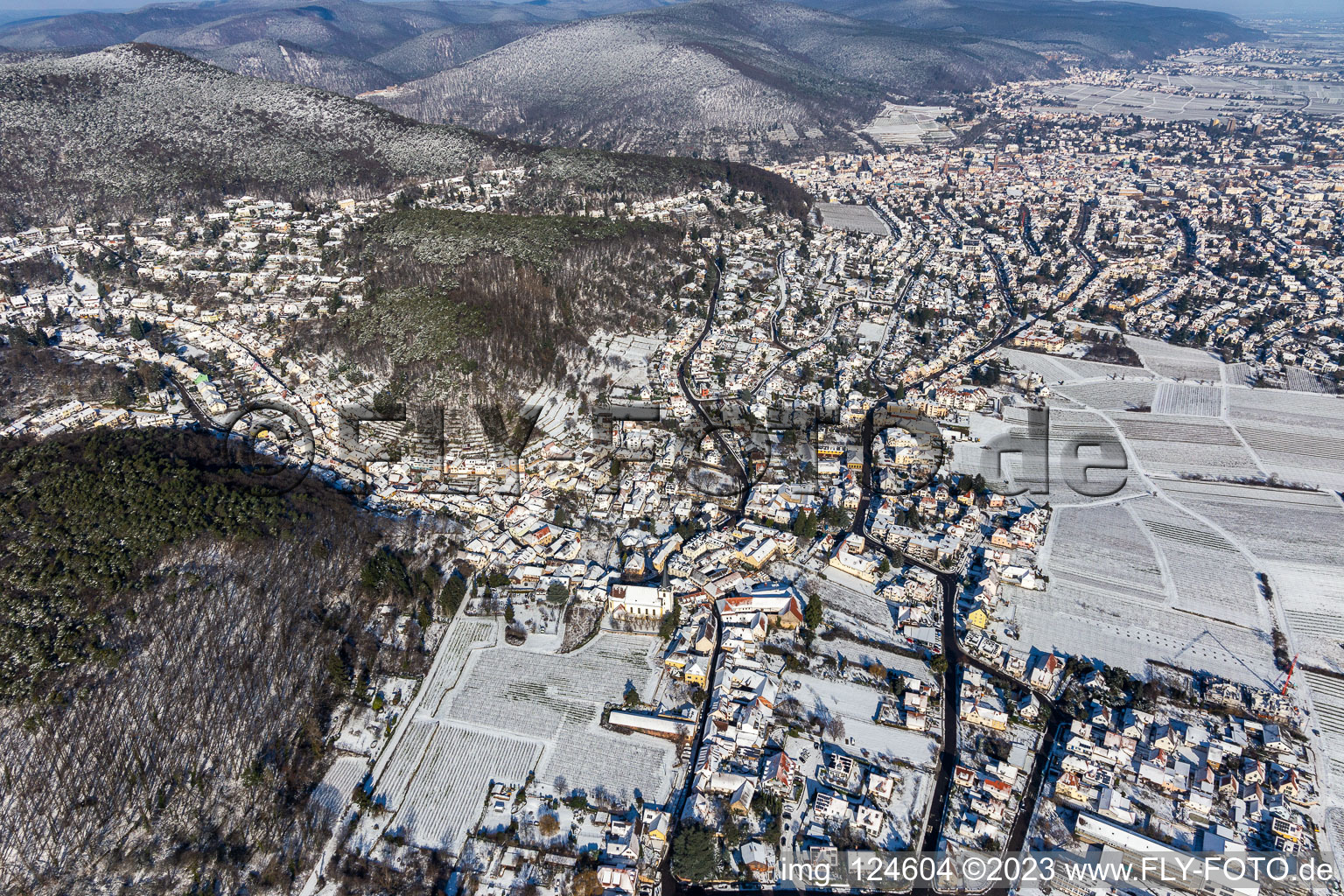 Aerial view of Winter aerial view in the snow in the district Hambach an der Weinstraße in Neustadt an der Weinstraße in the state Rhineland-Palatinate, Germany