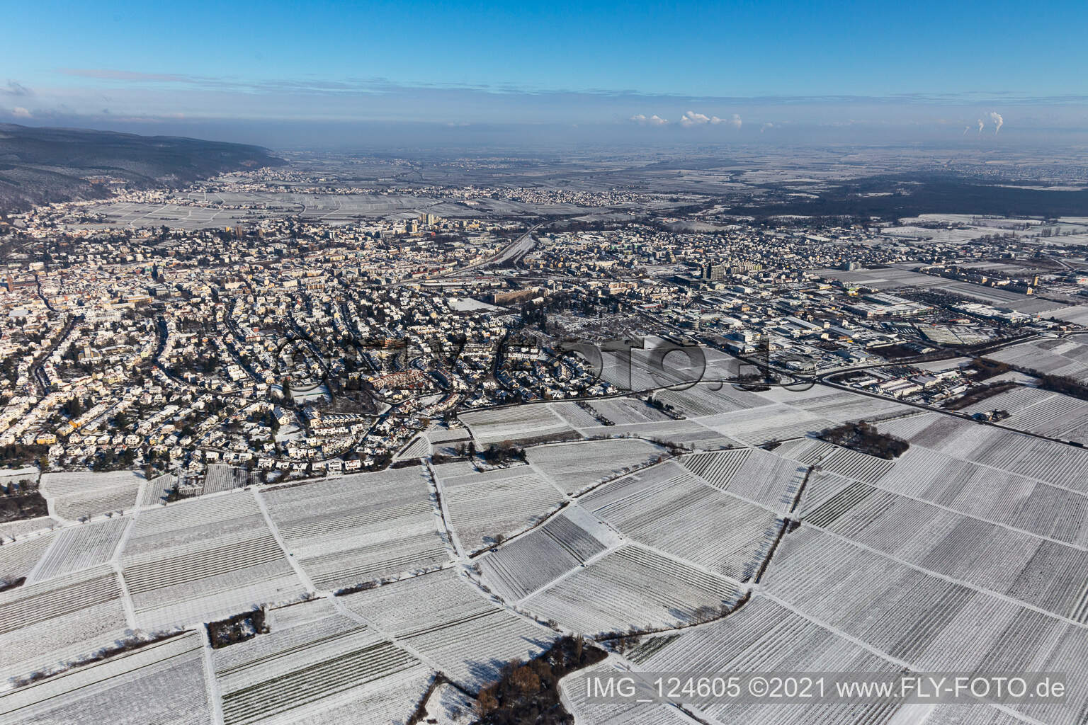 Aerial view of Winter aerial view in the snow in Neustadt an der Weinstraße in the state Rhineland-Palatinate, Germany