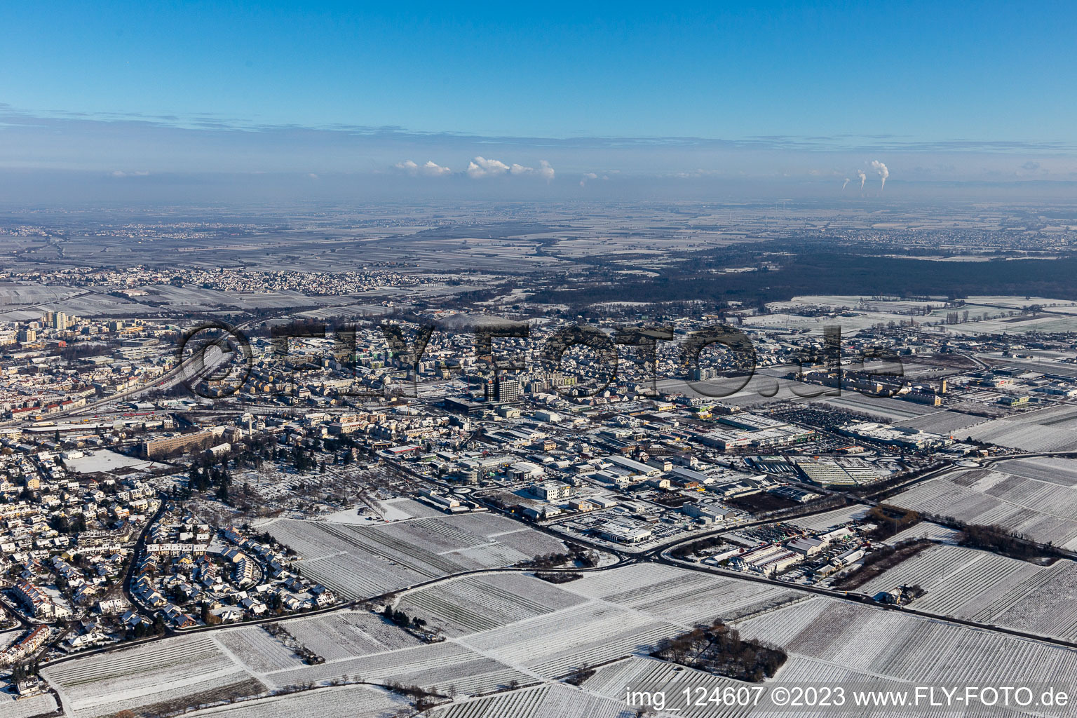 Aerial view of Winter aerial view in the snow in Neustadt an der Weinstraße in the state Rhineland-Palatinate, Germany