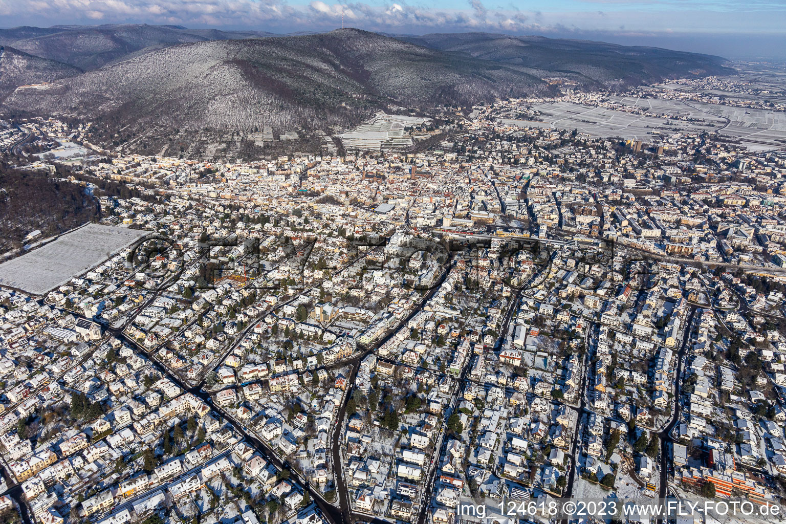 Aerial view of Winter aerial view in the snow in Neustadt an der Weinstraße in the state Rhineland-Palatinate, Germany