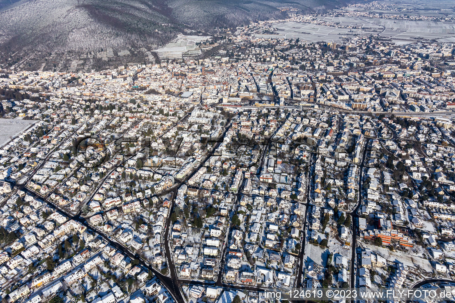 Aerial view of Winter aerial view in the snow in Neustadt an der Weinstraße in the state Rhineland-Palatinate, Germany