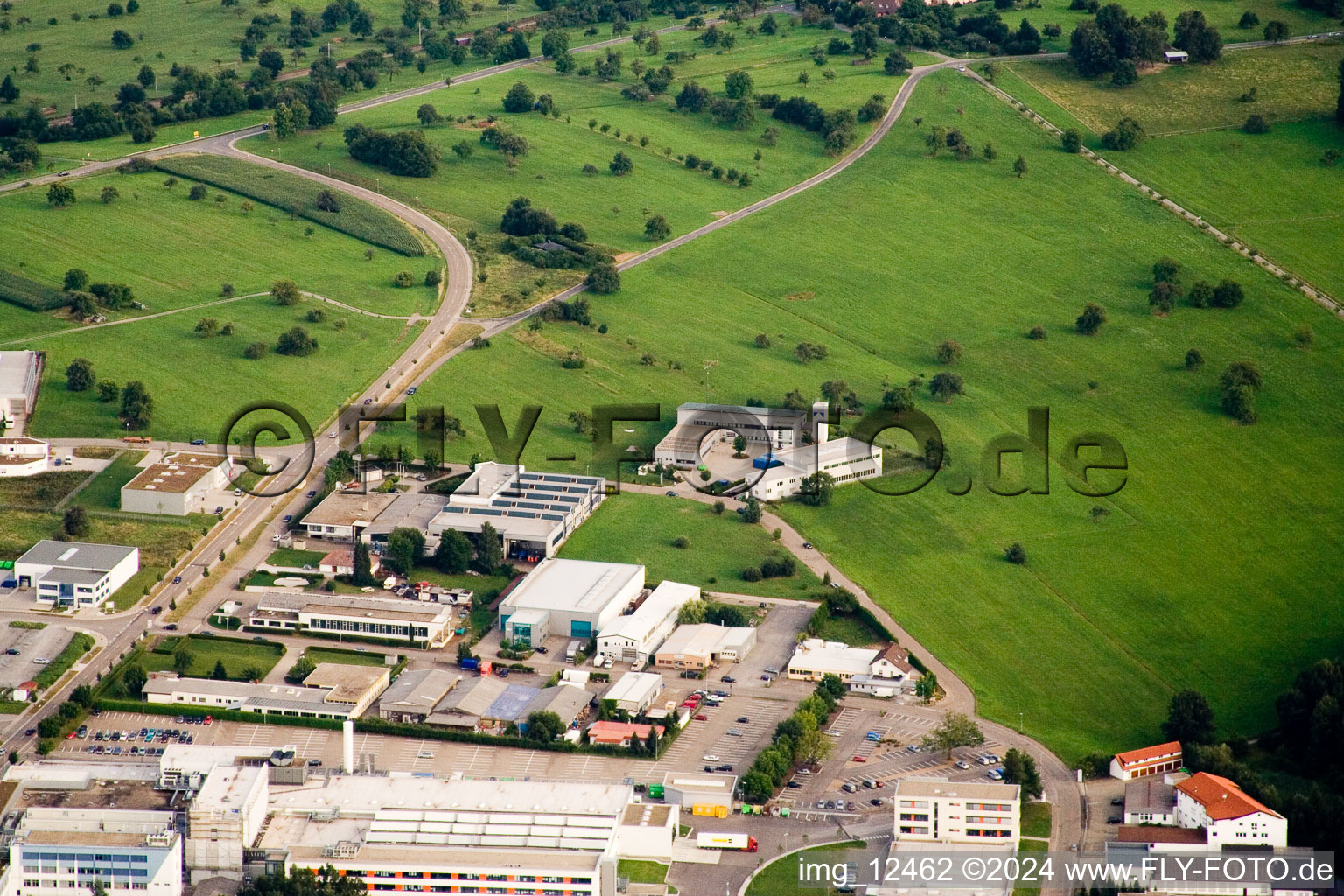 Aerial view of Ittersbach, industrial area in the district Im Stockmädle in Karlsbad in the state Baden-Wuerttemberg, Germany