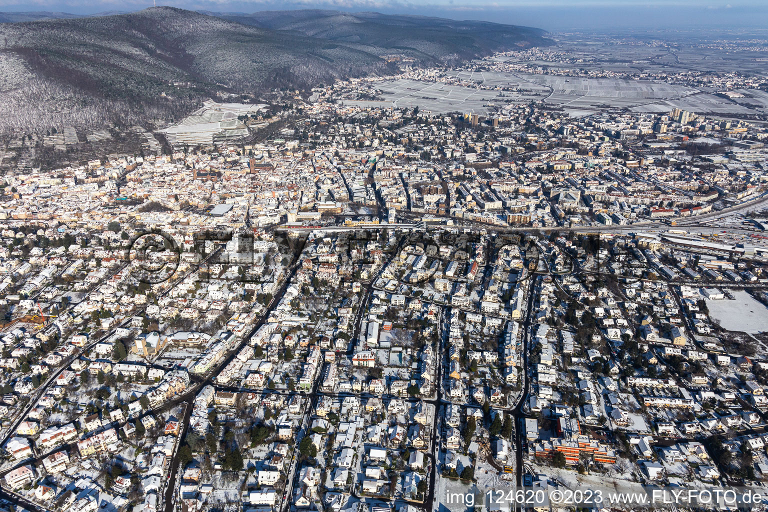 Aerial view of Winter aerial view in the snow in Neustadt an der Weinstraße in the state Rhineland-Palatinate, Germany