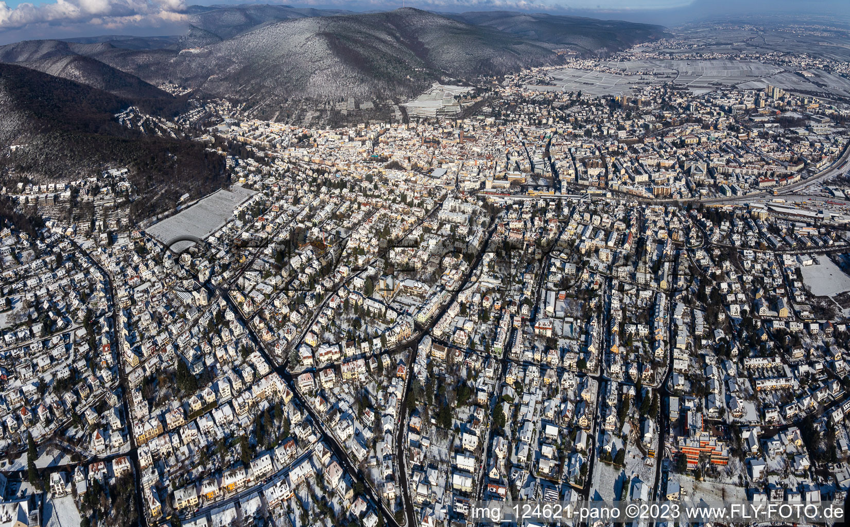 Aerial view of Winter aerial view in the snow in Neustadt an der Weinstraße in the state Rhineland-Palatinate, Germany