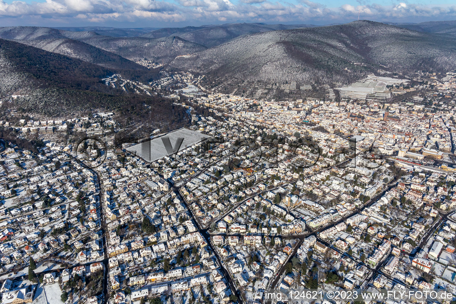 Aerial view of Winter aerial view in the snow in Neustadt an der Weinstraße in the state Rhineland-Palatinate, Germany