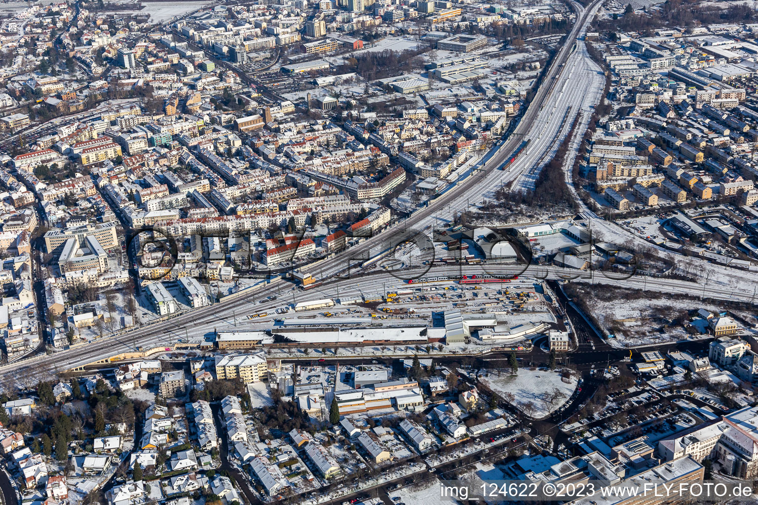 Winter aerial view in the snow of the Gleisdreieck in Neustadt an der Weinstraße in the state Rhineland-Palatinate, Germany