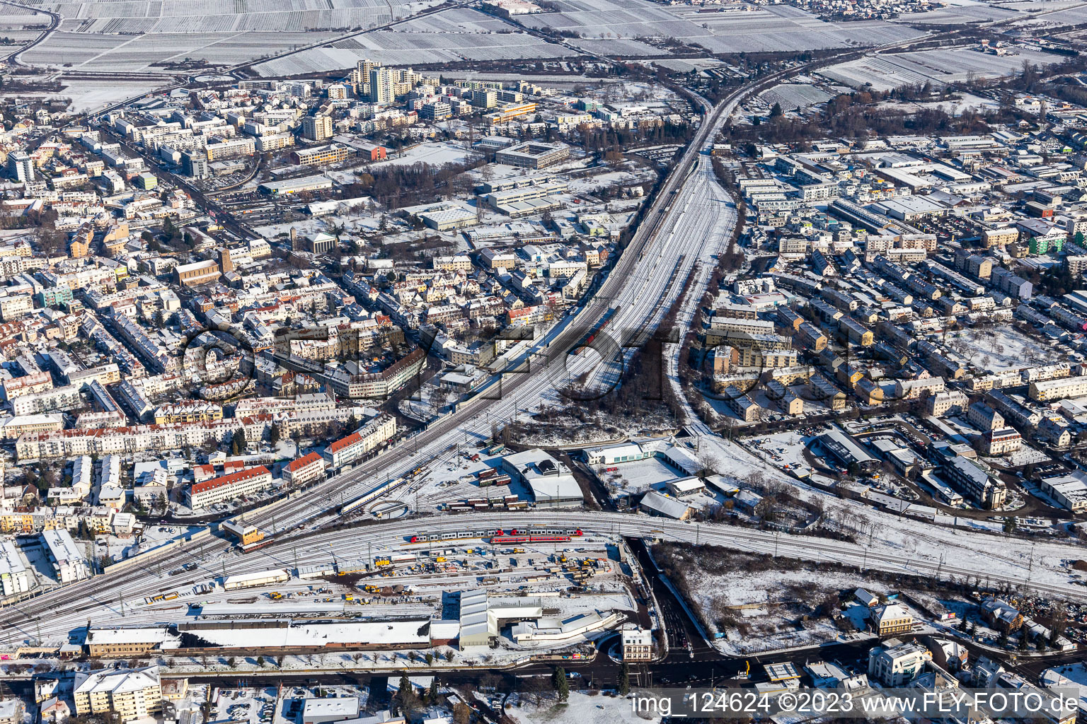 Aerial view of Winter aerial view in the snow of the Gleisdreieck in Neustadt an der Weinstraße in the state Rhineland-Palatinate, Germany