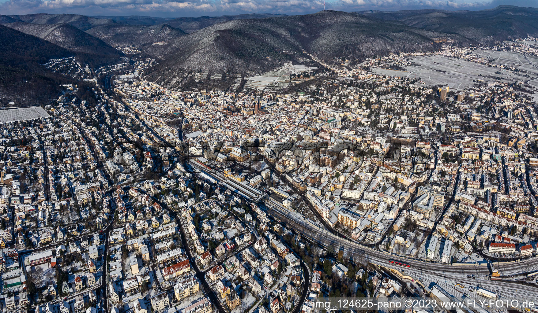 Aerial view of Winter aerial view in the snow in Neustadt an der Weinstraße in the state Rhineland-Palatinate, Germany