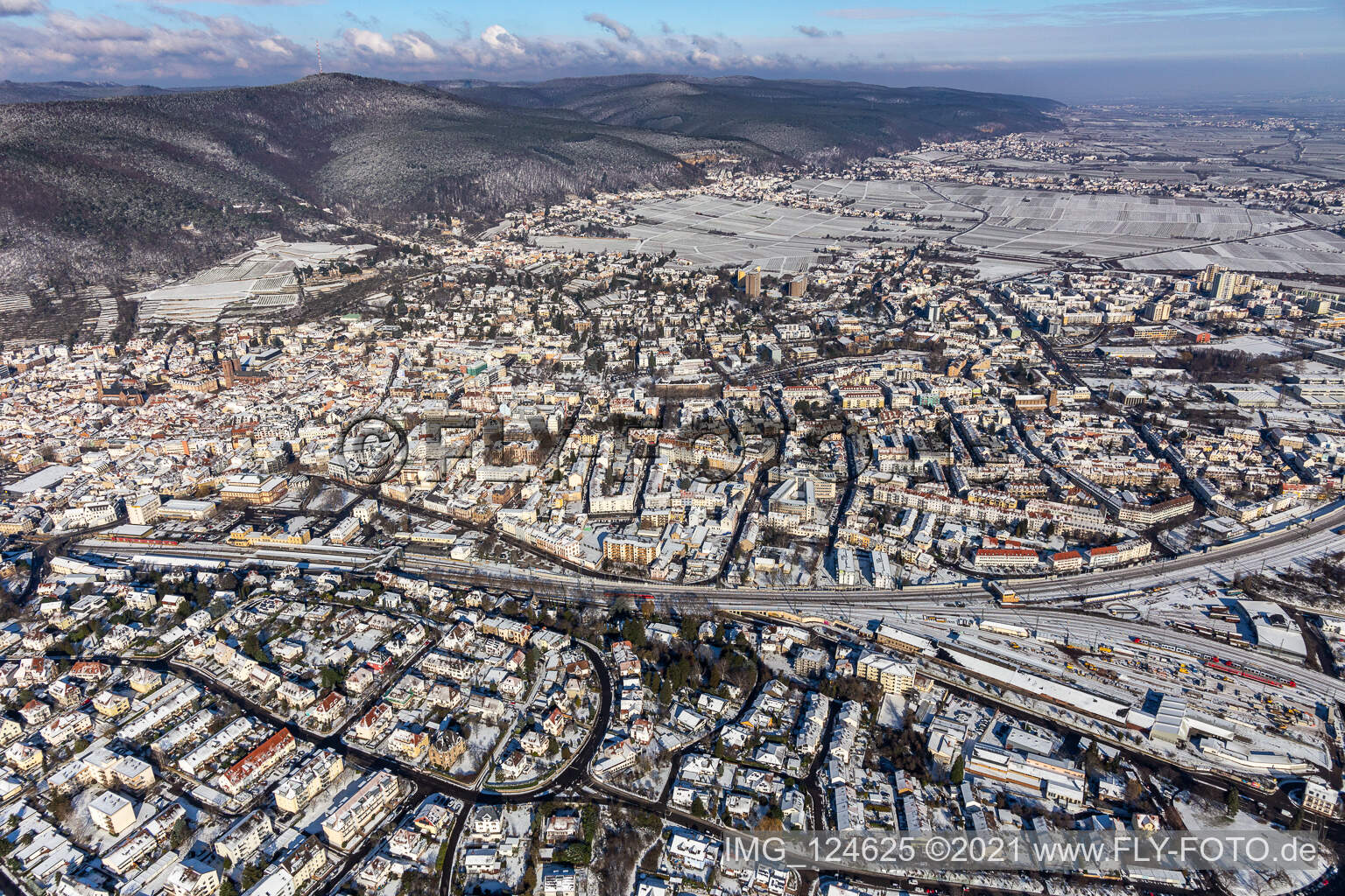 Aerial view of Winter aerial view in the snow in Neustadt an der Weinstraße in the state Rhineland-Palatinate, Germany