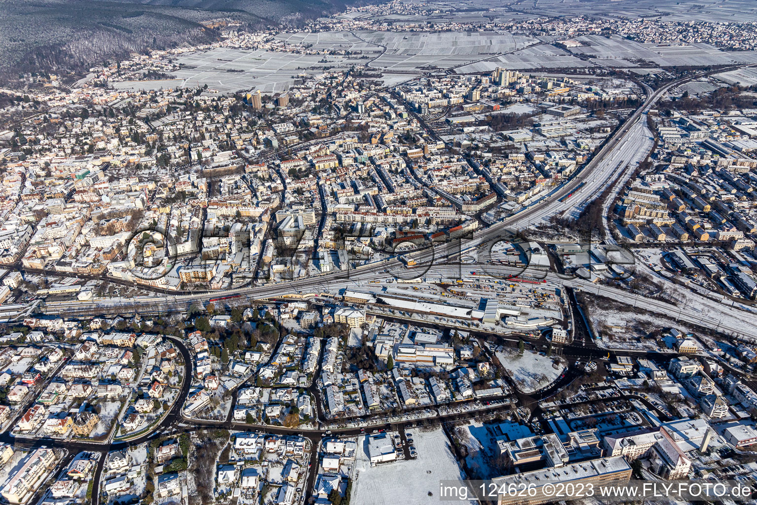 Aerial view of Winter aerial view in the snow of the Gleisdreieck in Neustadt an der Weinstraße in the state Rhineland-Palatinate, Germany