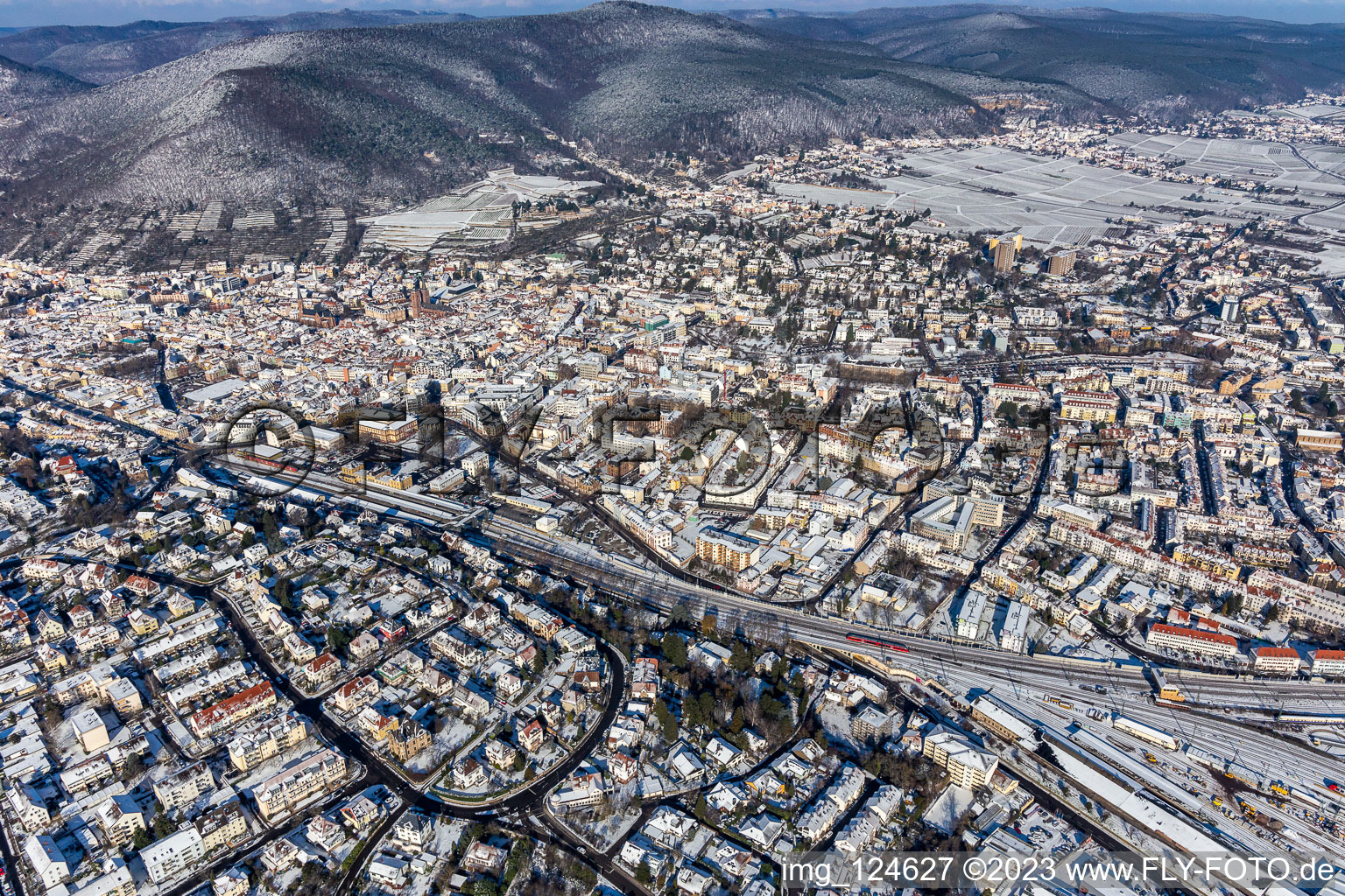 Aerial view of Winter aerial view in the snow in Neustadt an der Weinstraße in the state Rhineland-Palatinate, Germany