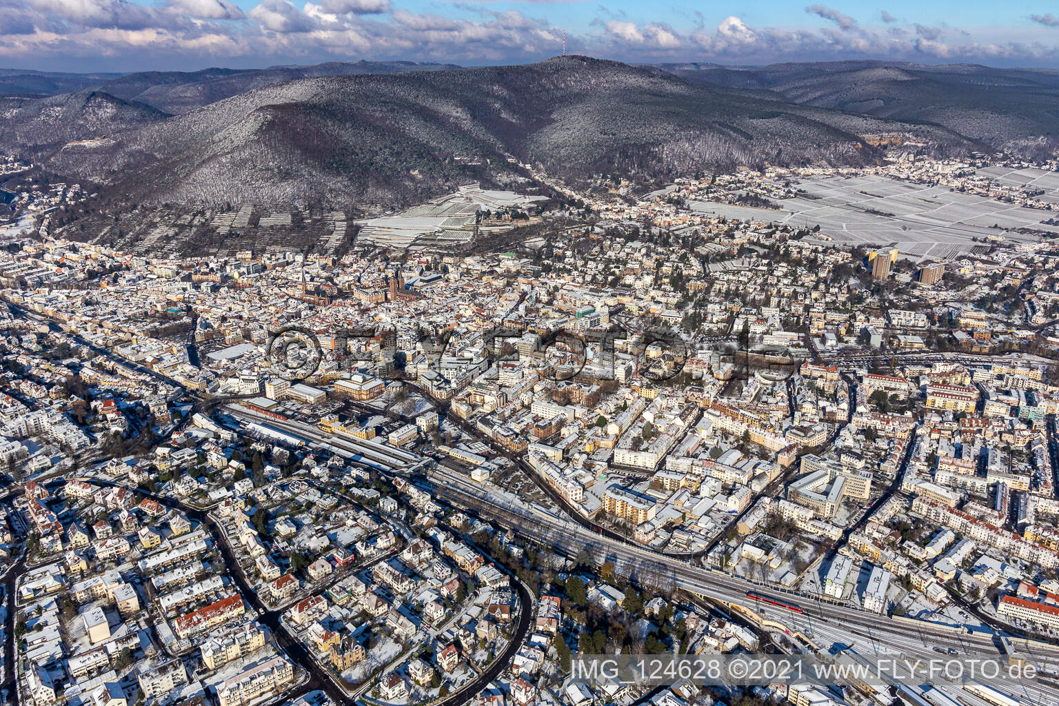 Aerial view of Winter aerial view in the snow in Neustadt an der Weinstraße in the state Rhineland-Palatinate, Germany