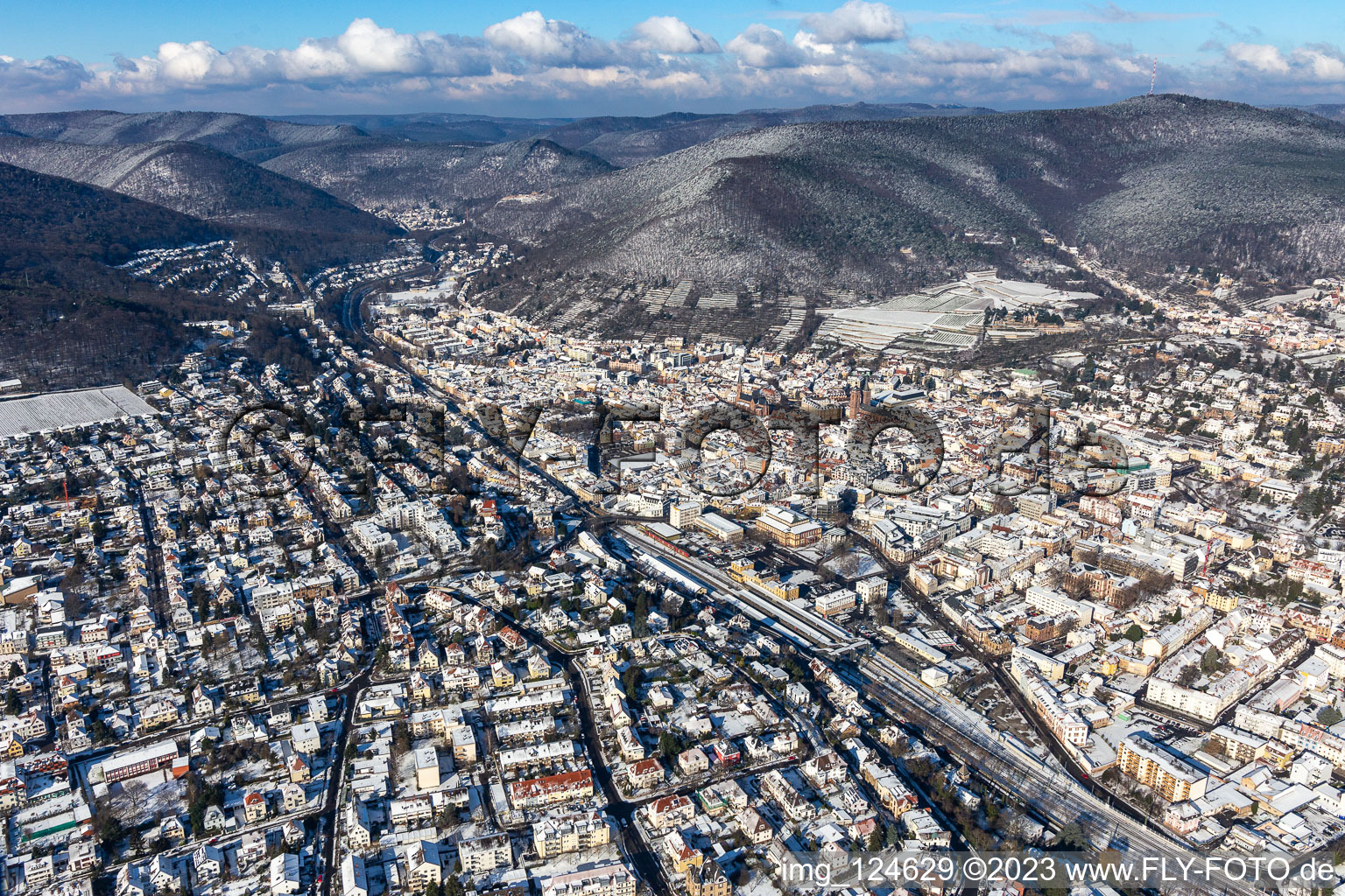 Aerial view of Winter aerial view in the snow in Neustadt an der Weinstraße in the state Rhineland-Palatinate, Germany