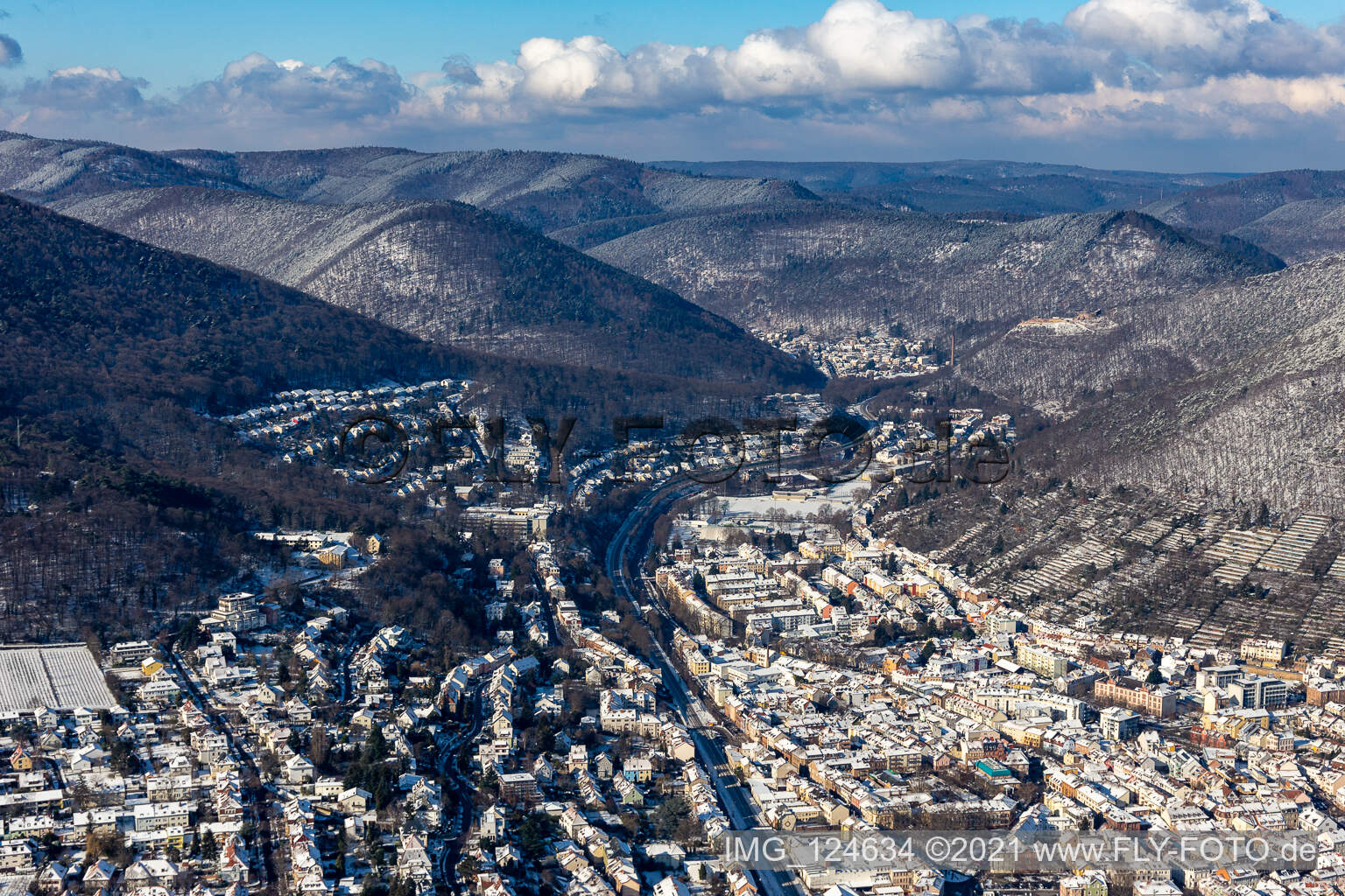 Winter aerial view in the snow Speyerbachtal towards Schöntal in Neustadt an der Weinstraße in the state Rhineland-Palatinate, Germany