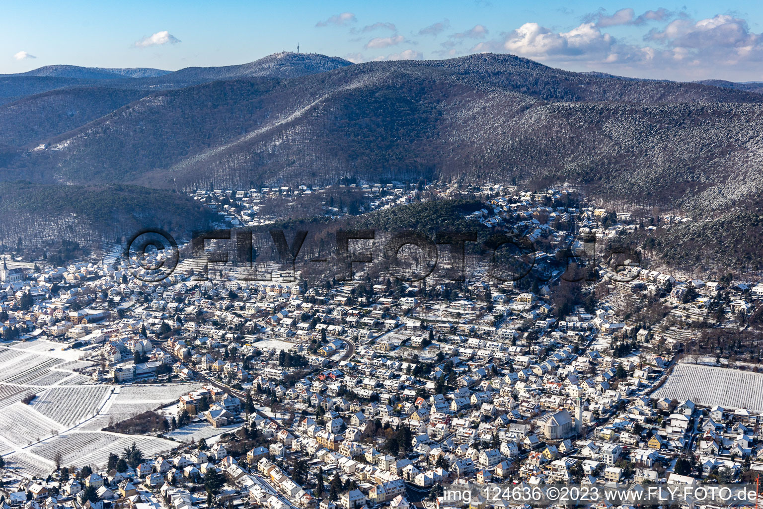 Aerial view of Winter aerial view in the snow in the district Hambach an der Weinstraße in Neustadt an der Weinstraße in the state Rhineland-Palatinate, Germany