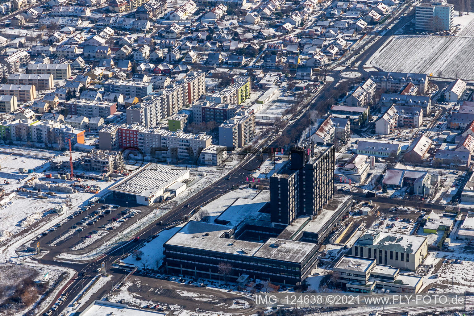 Winter aerial view in the snow Deutsche Telekom in Neustadt an der Weinstraße in the state Rhineland-Palatinate, Germany