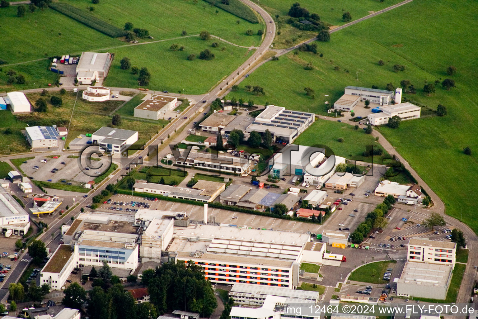 Aerial photograpy of Ittersbach, industrial area in the district Im Stockmädle in Karlsbad in the state Baden-Wuerttemberg, Germany