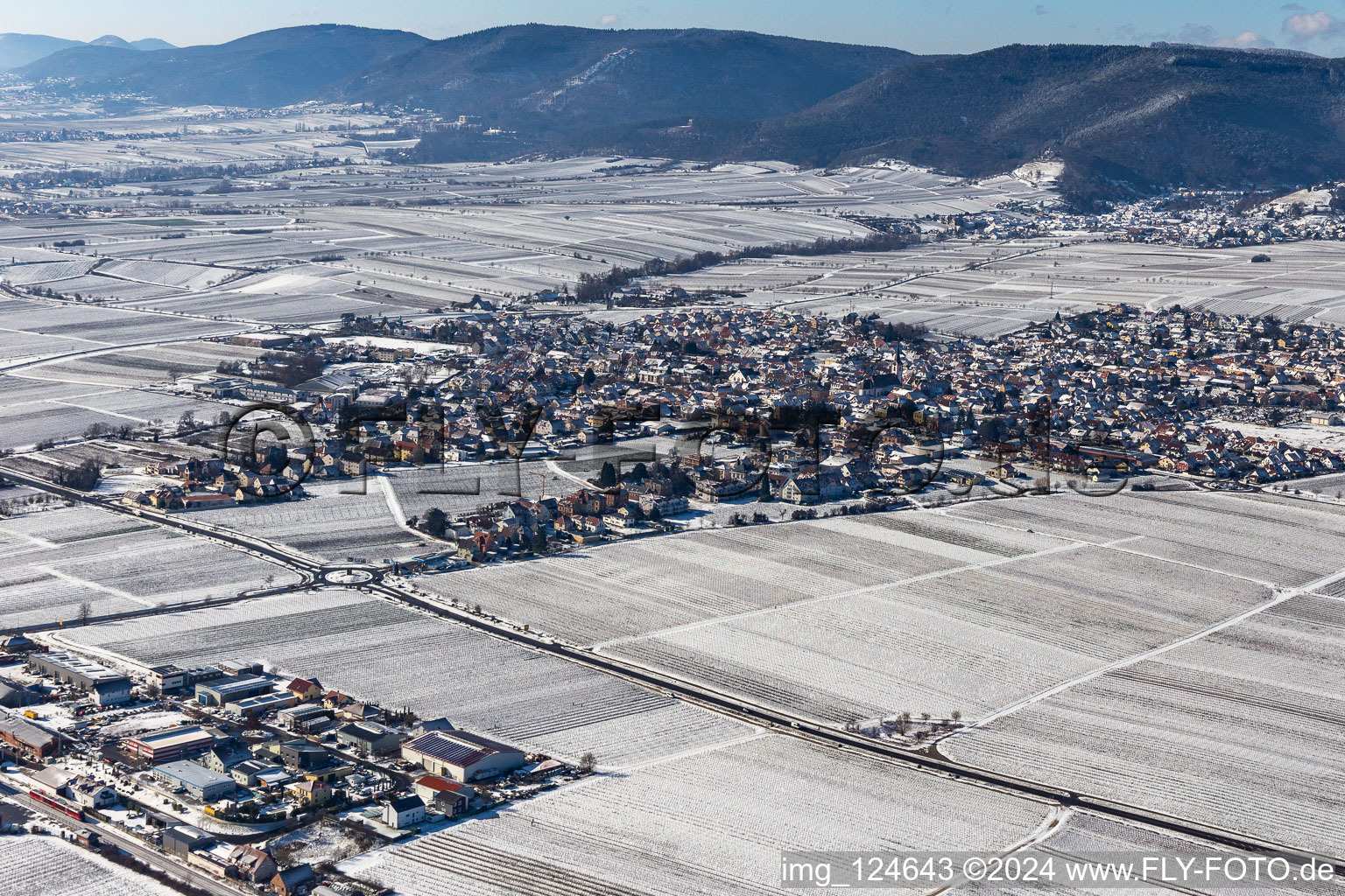 Aerial view of Winter aerial view in the snow in the district Alsterweiler in Maikammer in the state Rhineland-Palatinate, Germany