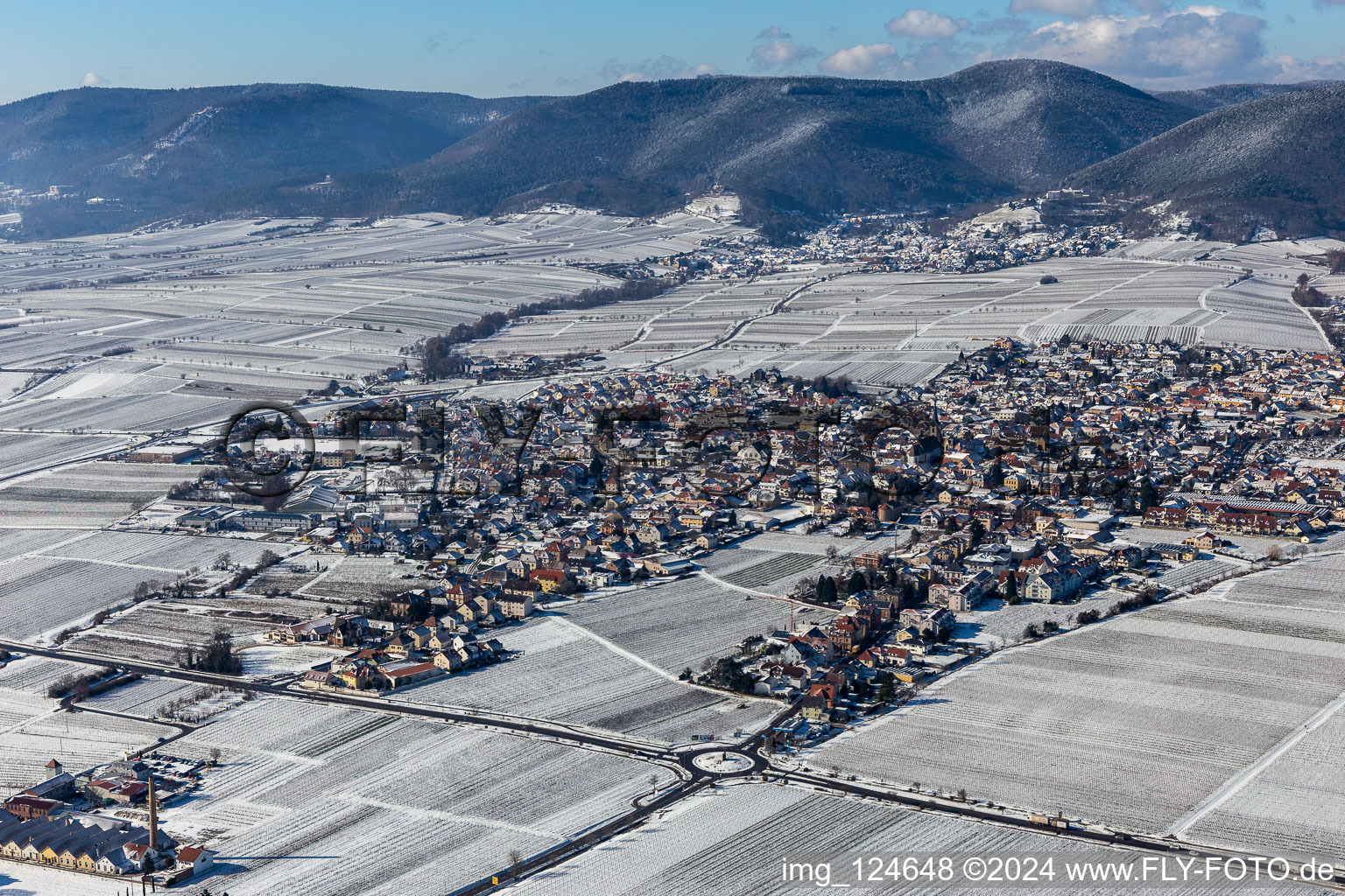 Winter aerial view in the snow in Maikammer in the state Rhineland-Palatinate, Germany