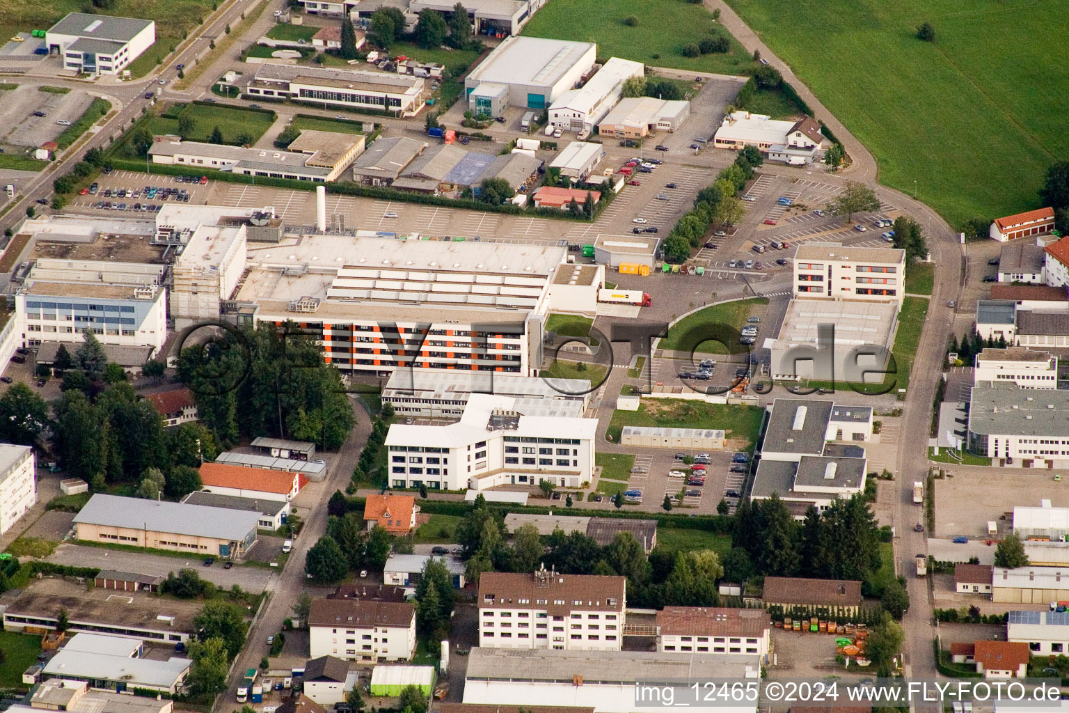 Oblique view of Ittersbach, industrial area in the district Im Stockmädle in Karlsbad in the state Baden-Wuerttemberg, Germany