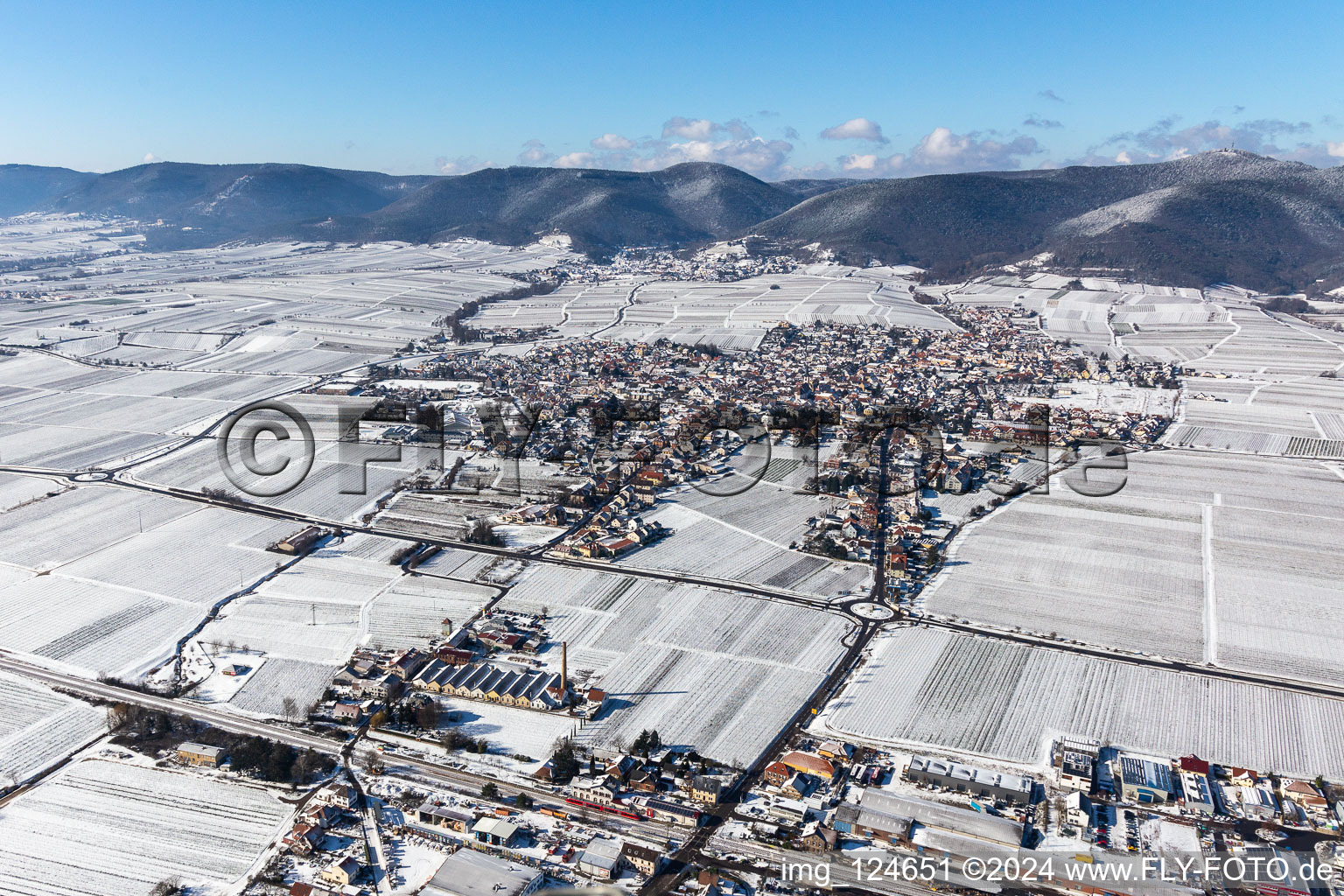 Aerial view of Winter aerial view in the snow in the district Alsterweiler in Maikammer in the state Rhineland-Palatinate, Germany