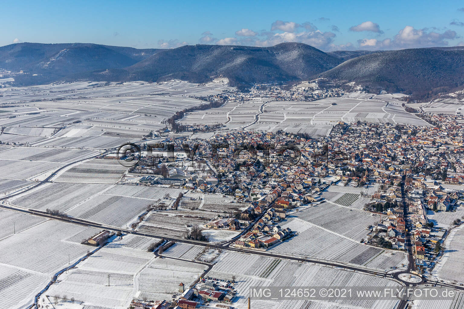 Aerial view of Winter aerial view in the snow in Maikammer in the state Rhineland-Palatinate, Germany