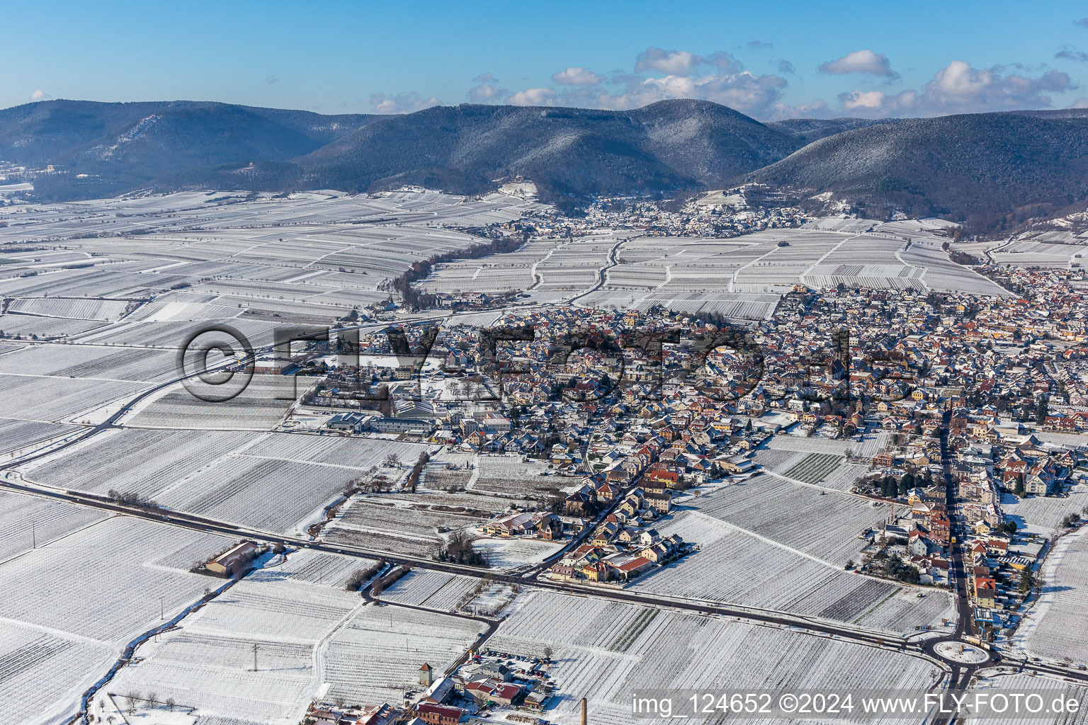 Aerial view of Winter aerial view in the snow in the district Alsterweiler in Maikammer in the state Rhineland-Palatinate, Germany