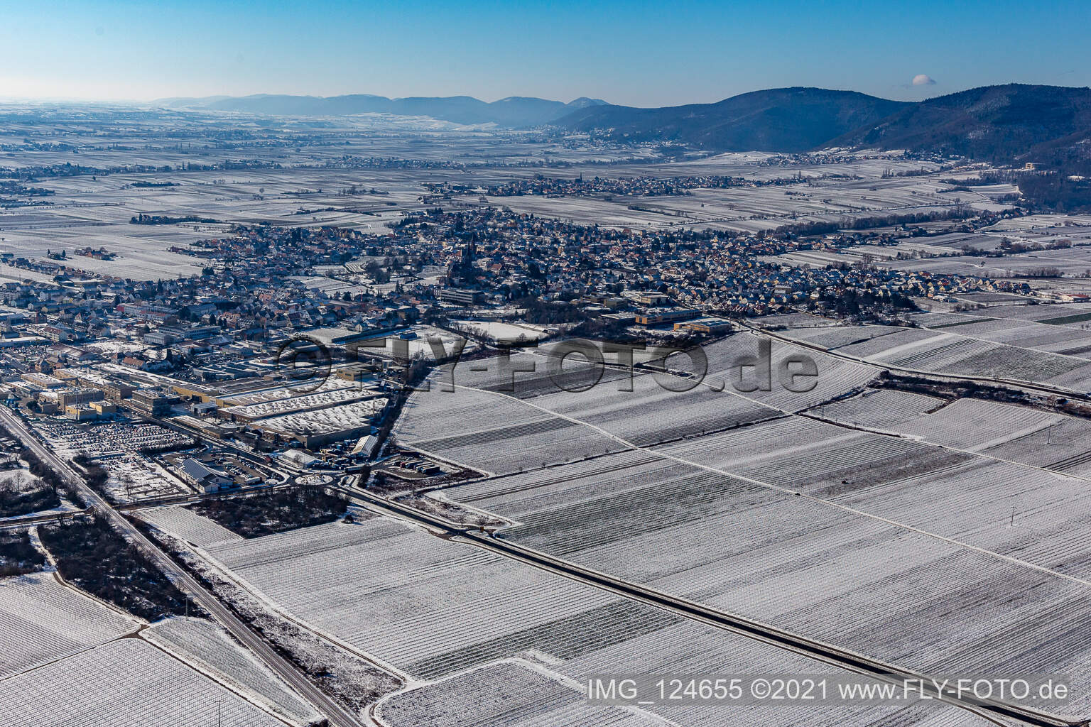 Aerial view of Winter aerial view in the snow in Edenkoben in the state Rhineland-Palatinate, Germany