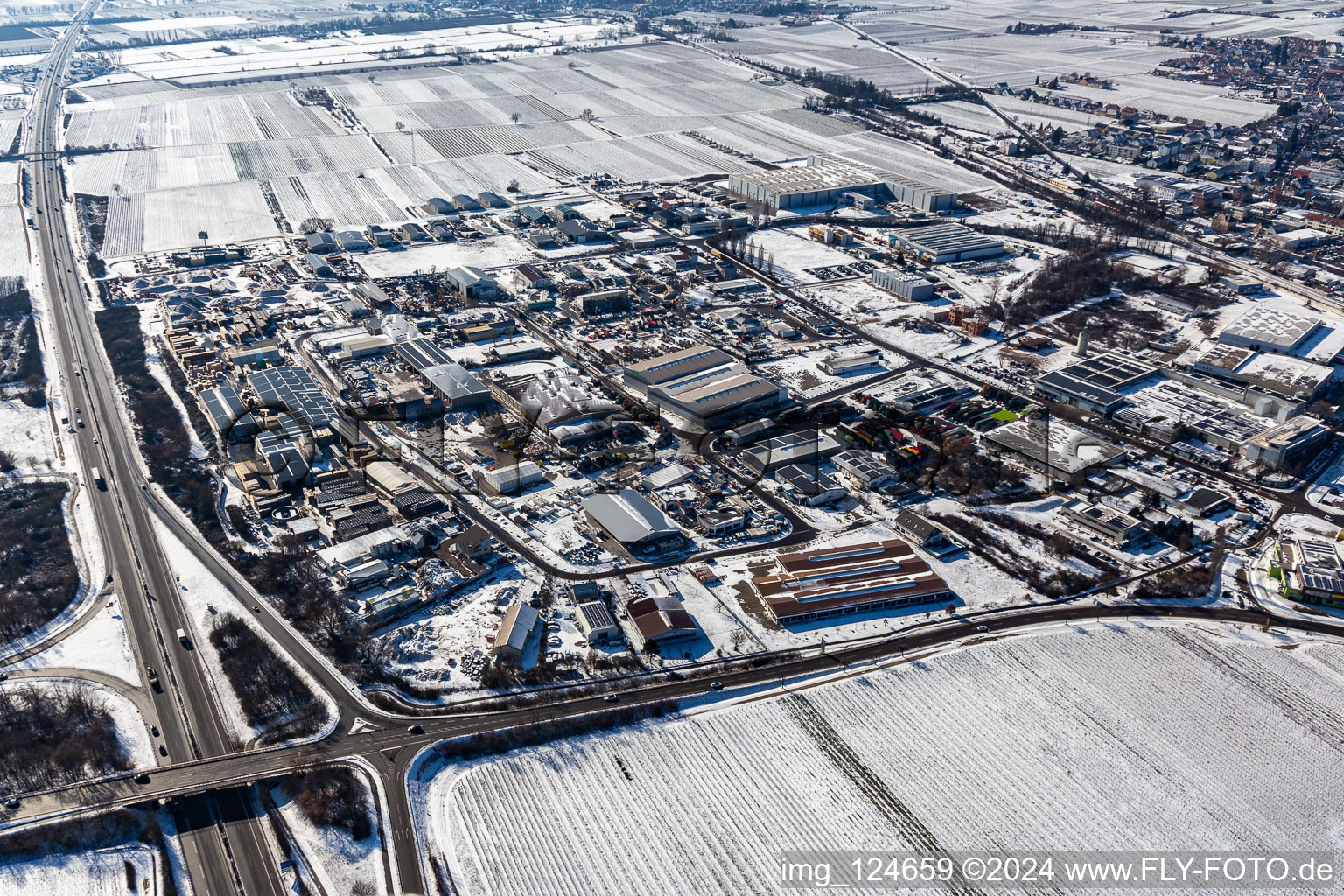 Wintry snowy industrial and commercial area Ost with dreiso GmbH Dreissigacker & Sohn in Edenkoben in the state Rhineland-Palatinate, Germany