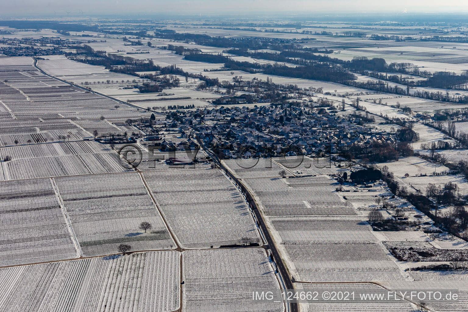 Winter aerial view in the snow in Venningen in the state Rhineland-Palatinate, Germany