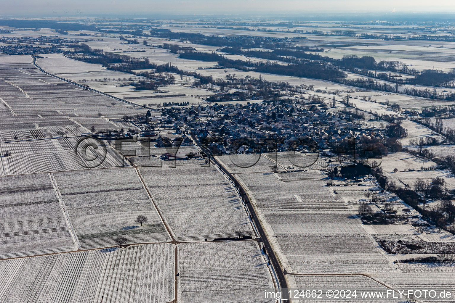 Winter aerial view in the snow in Venningen in the state Rhineland-Palatinate, Germany