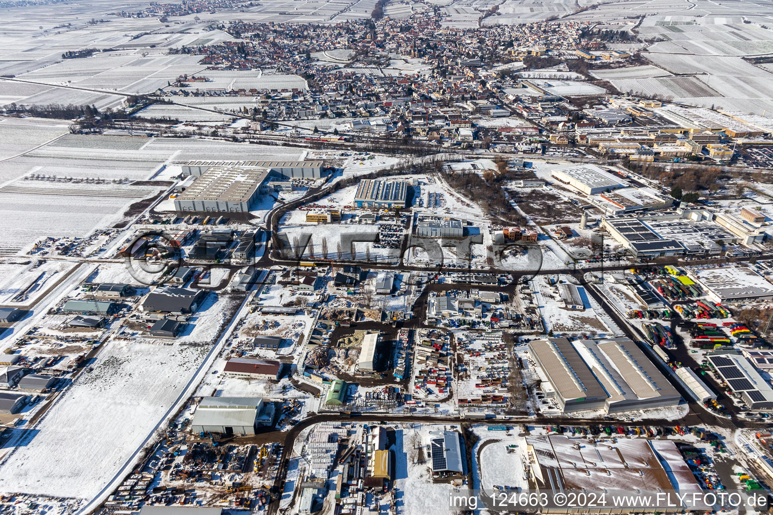 Wintry snowy industrial and commercial area Ost with dreiso GmbH Dreissigacker & Sohn and ArcelorMittal SSC Deutschland GmbH, Niederlassung Edenkoben in Edenkoben in the state Rhineland-Palatinate, Germany