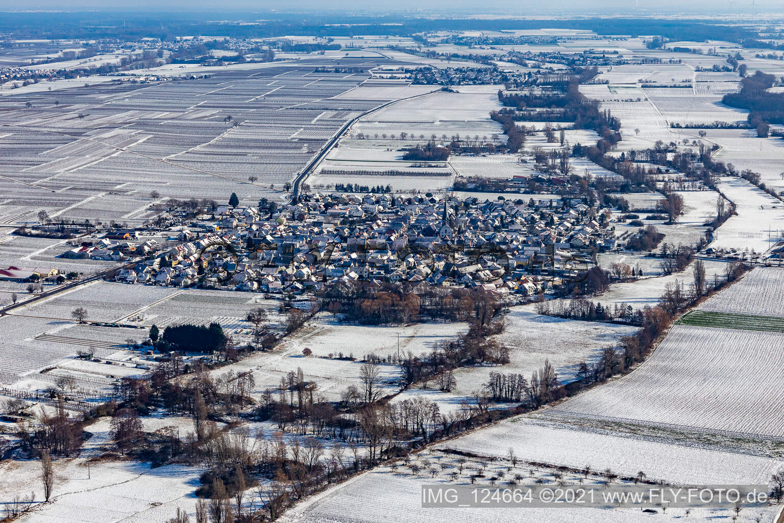 Aerial view of Winter aerial view in the snow in Venningen in the state Rhineland-Palatinate, Germany