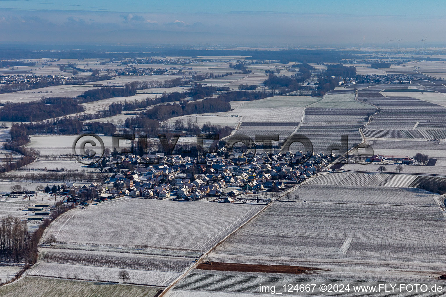 Winter aerial view in the snow in Großfischlingen in the state Rhineland-Palatinate, Germany