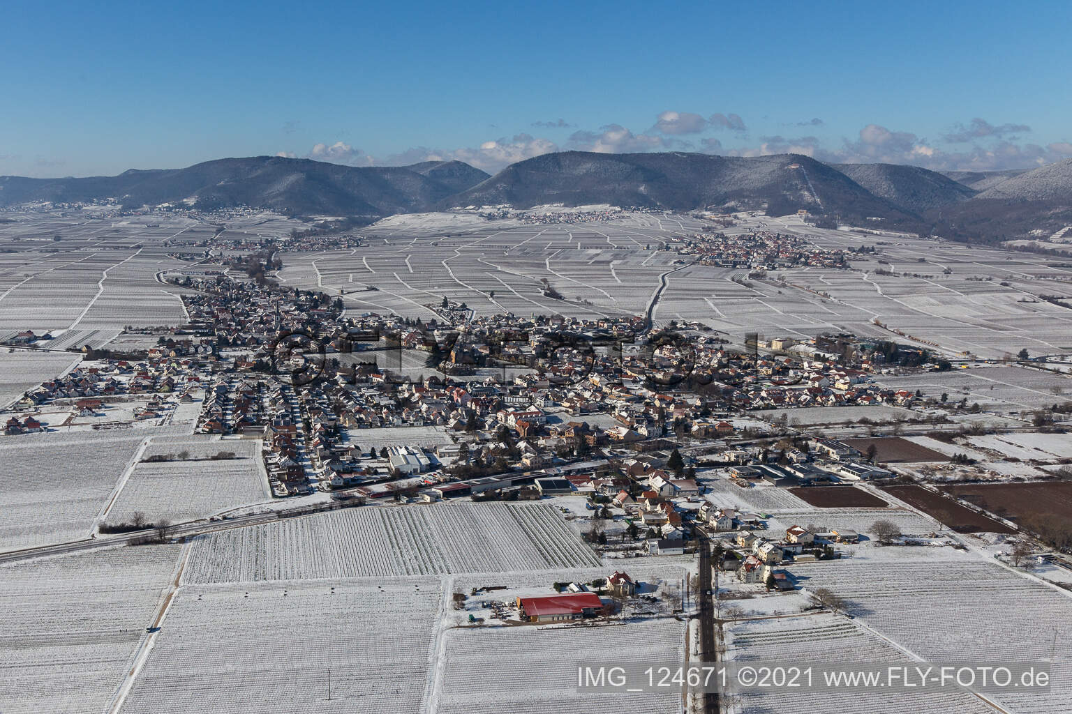 Aerial view of Winter aerial view in the snow in Edesheim in the state Rhineland-Palatinate, Germany