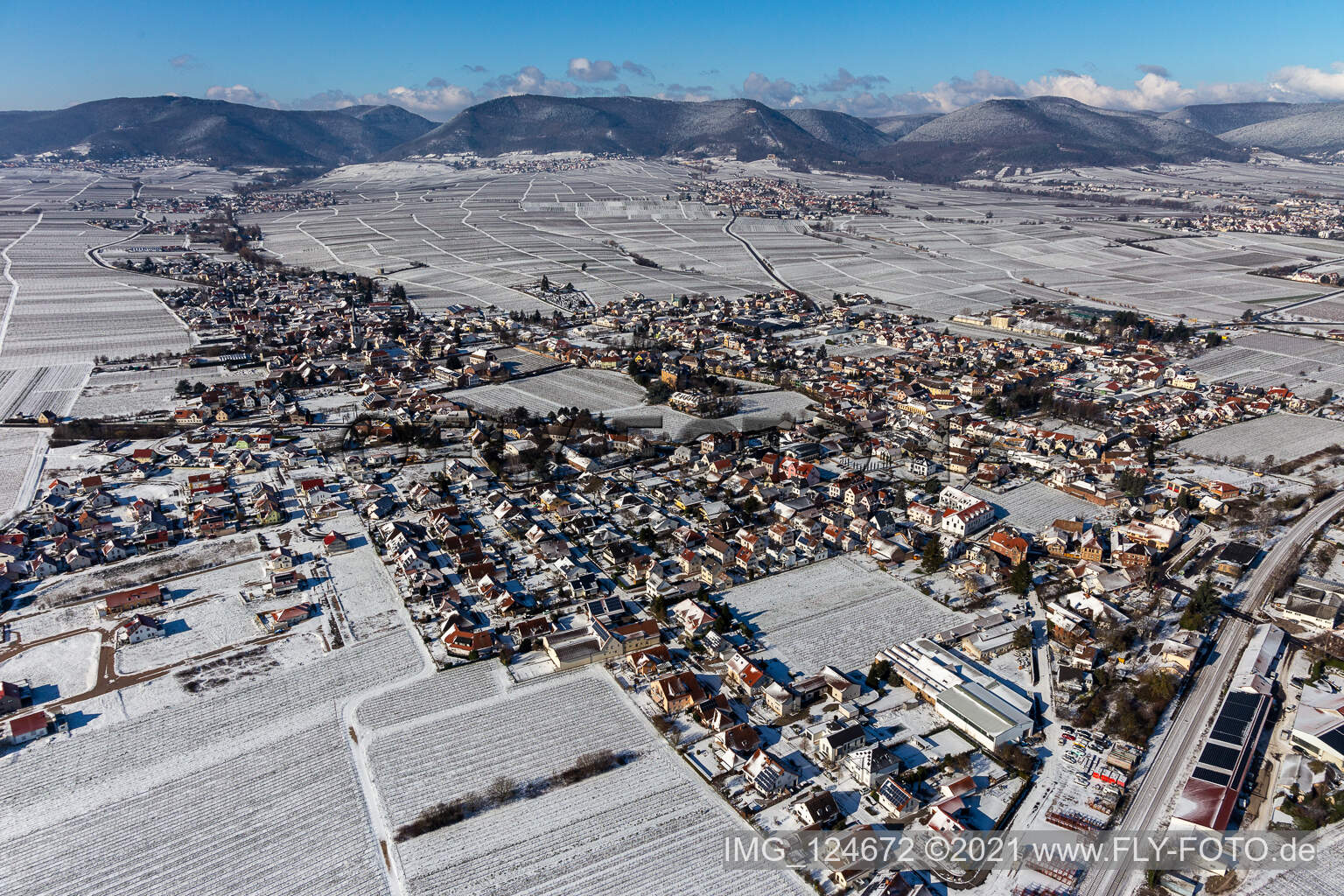 Aerial view of Winter aerial view in the snow in Edesheim in the state Rhineland-Palatinate, Germany