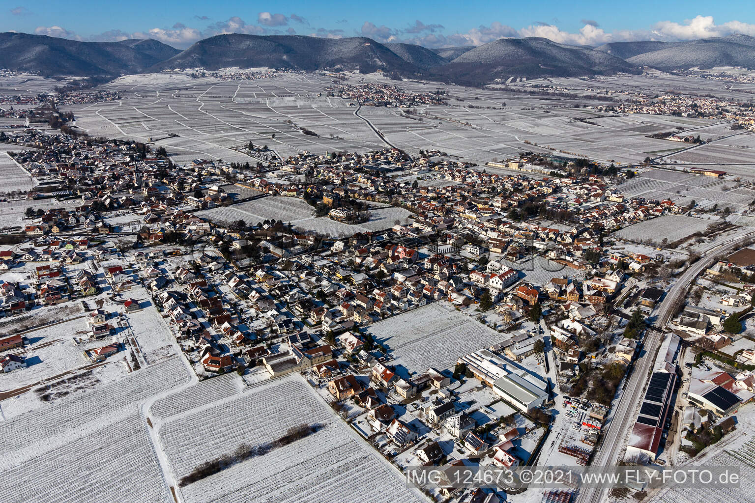 Aerial view of Winter aerial view in the snow in Edesheim in the state Rhineland-Palatinate, Germany