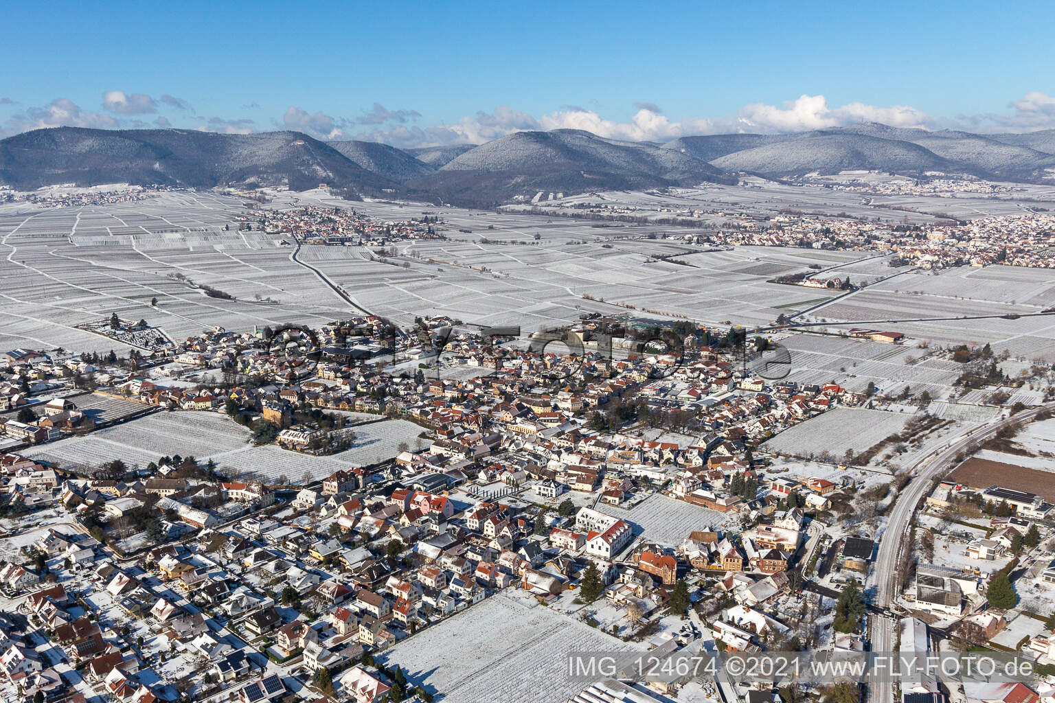 Aerial view of Winter aerial view in the snow in Edesheim in the state Rhineland-Palatinate, Germany