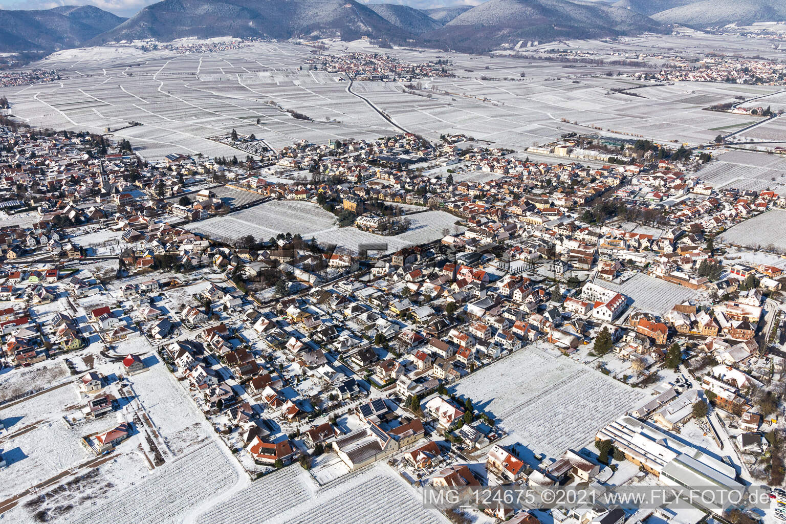 Aerial view of Winter aerial view in the snow in Edesheim in the state Rhineland-Palatinate, Germany