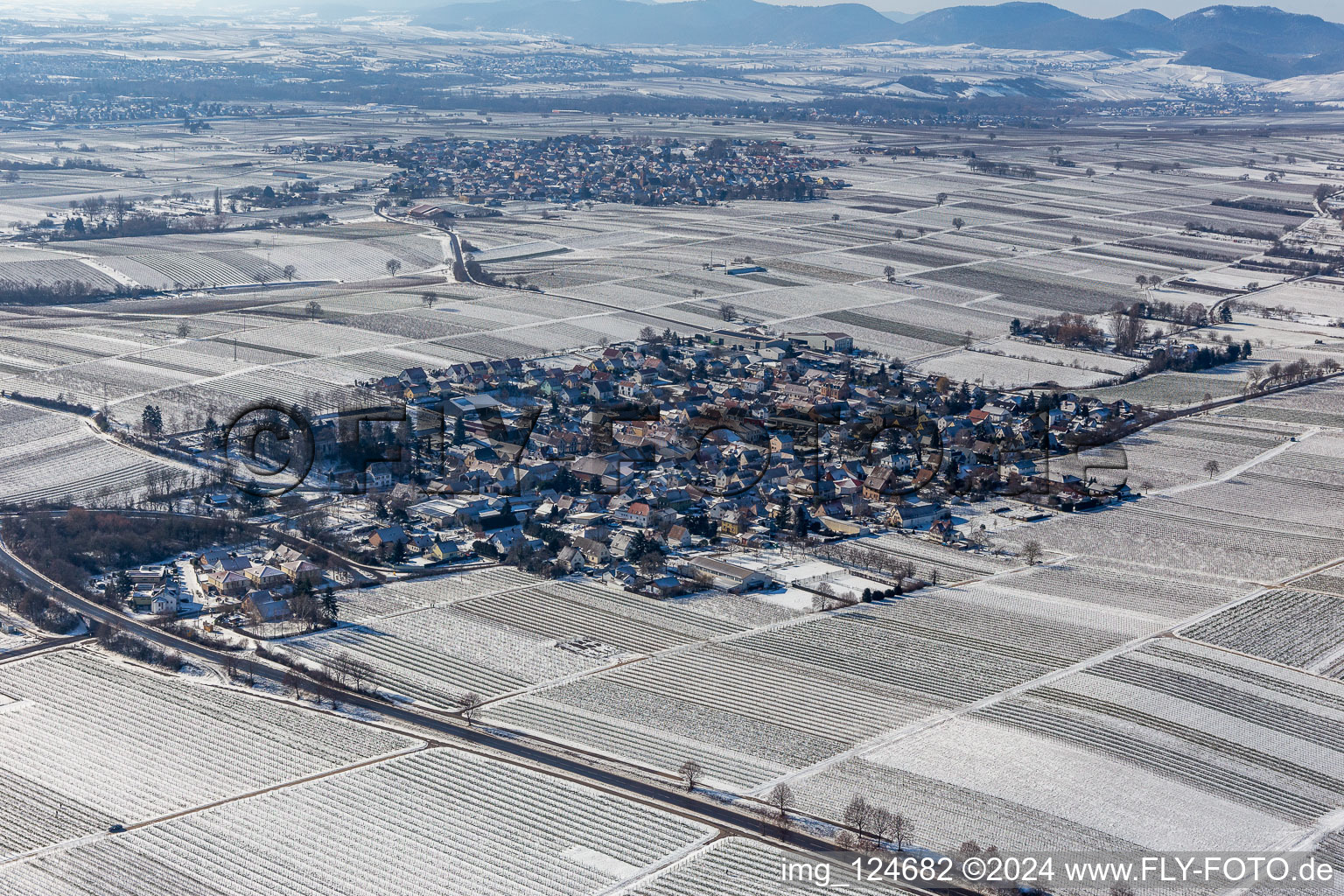 Winter aerial view in the snow in Walsheim in the state Rhineland-Palatinate, Germany