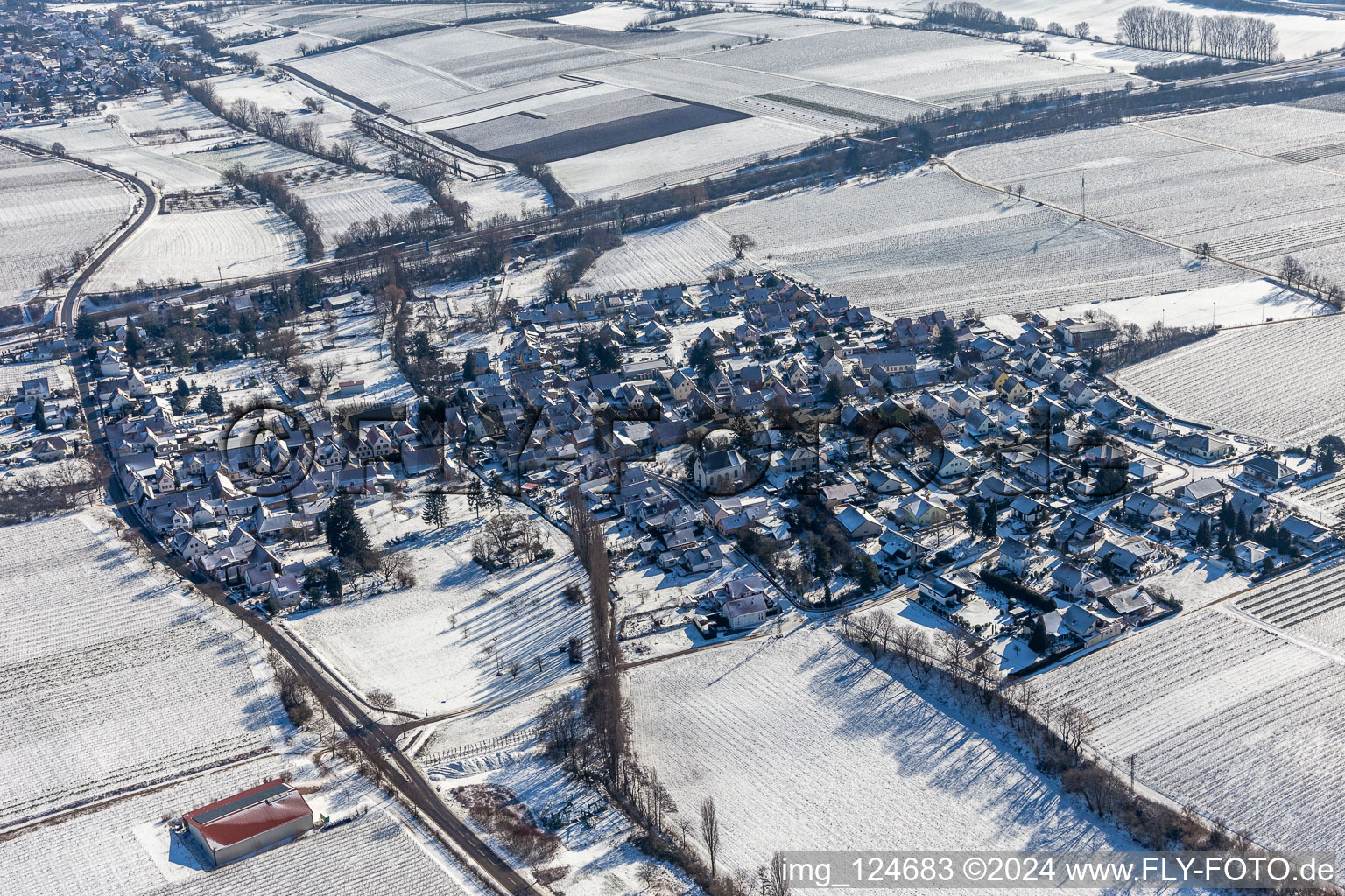 Winter aerial view in the snow in Knöringen in the state Rhineland-Palatinate, Germany