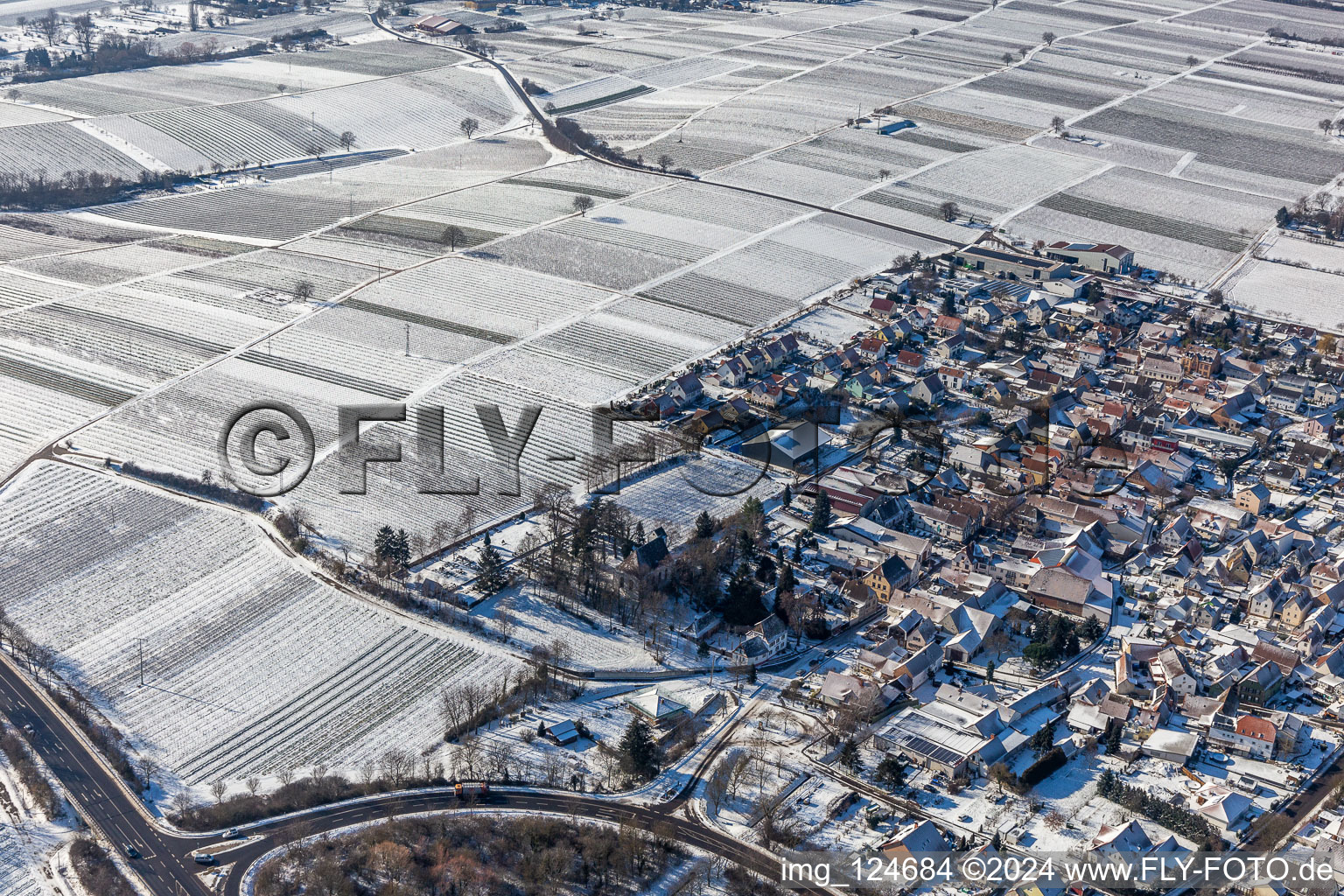 Aerial view of Winter aerial view in the snow in Walsheim in the state Rhineland-Palatinate, Germany