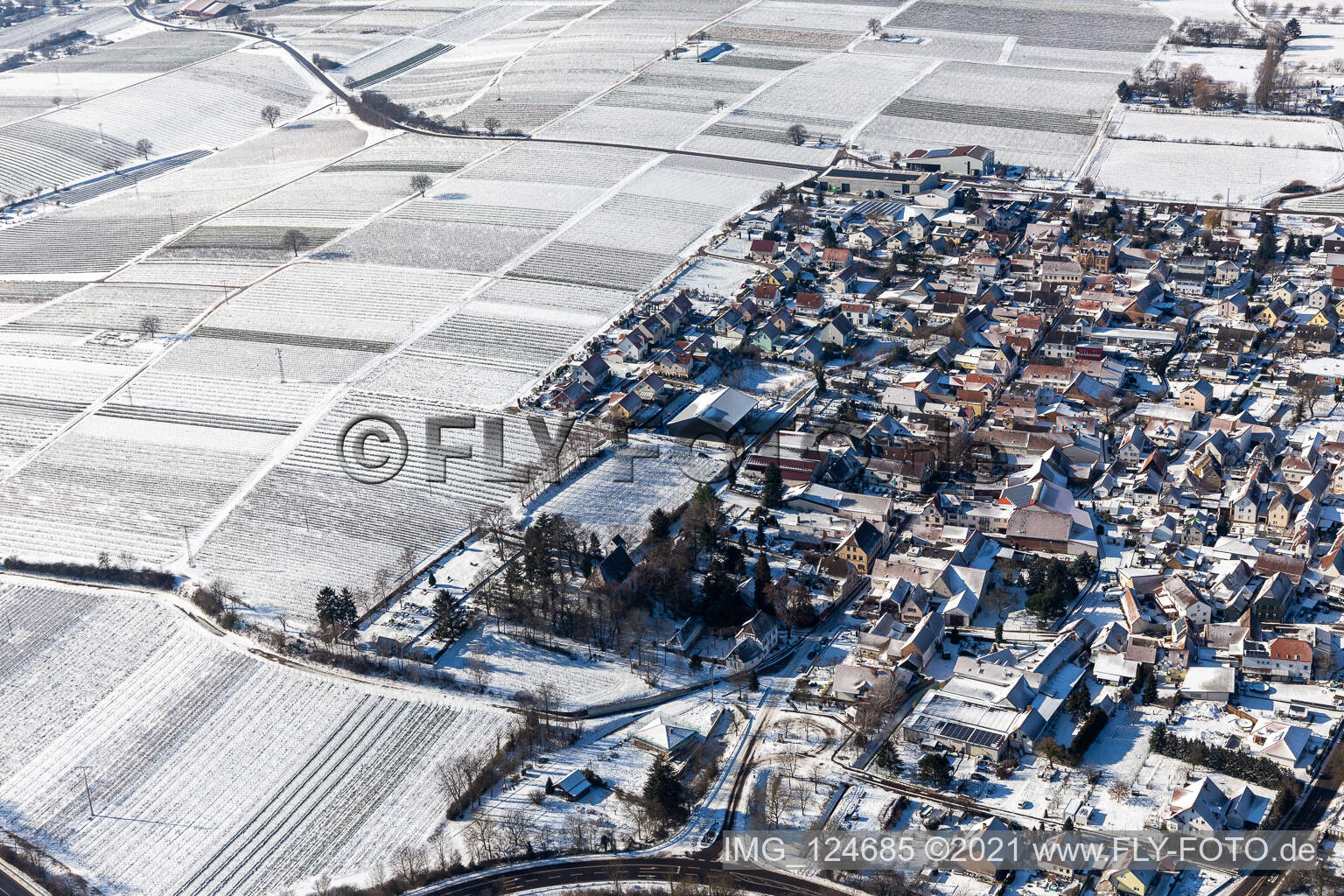Aerial view of Winter aerial view in the snow in Walsheim in the state Rhineland-Palatinate, Germany