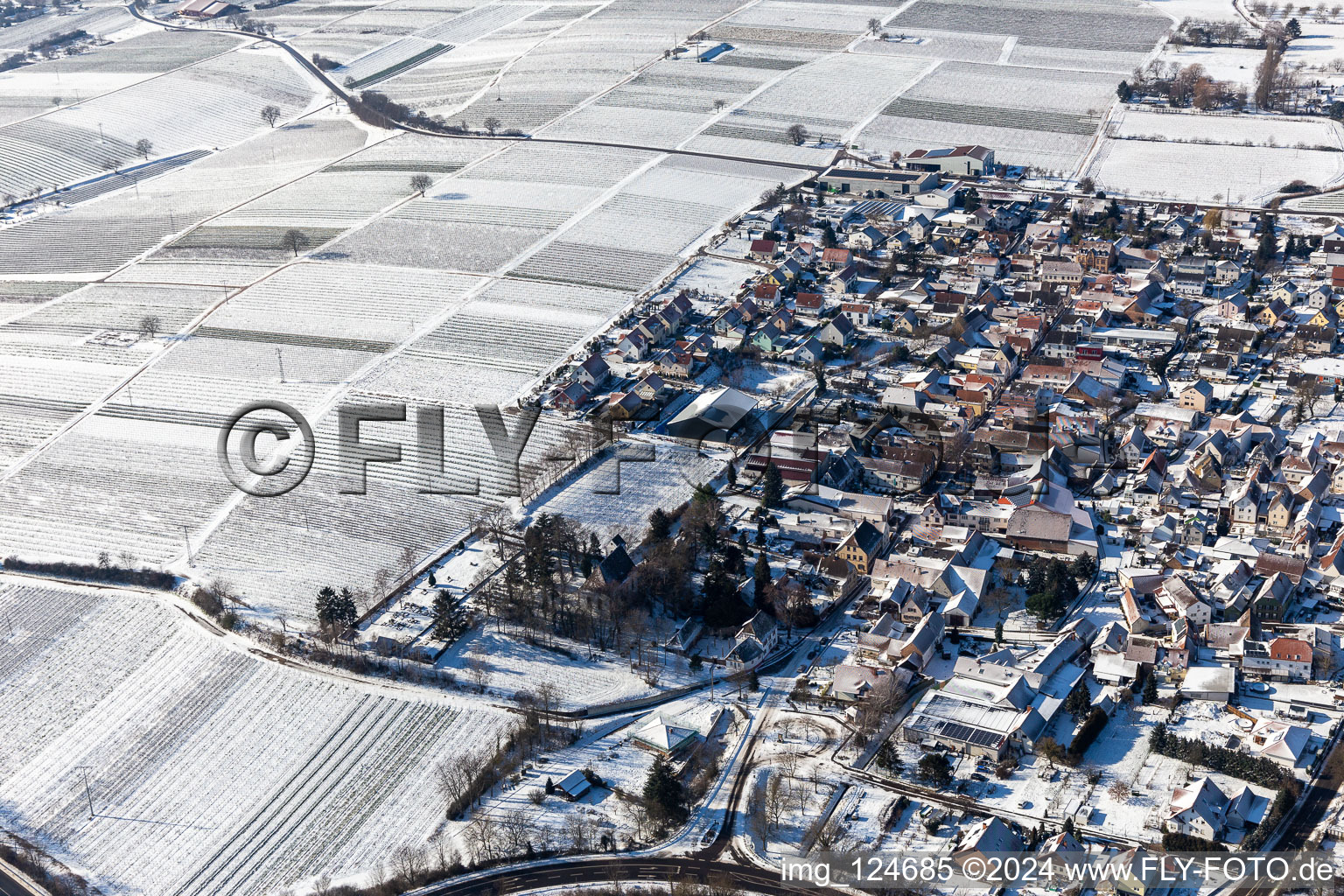 Aerial view of Winter aerial view in the snow in Walsheim in the state Rhineland-Palatinate, Germany