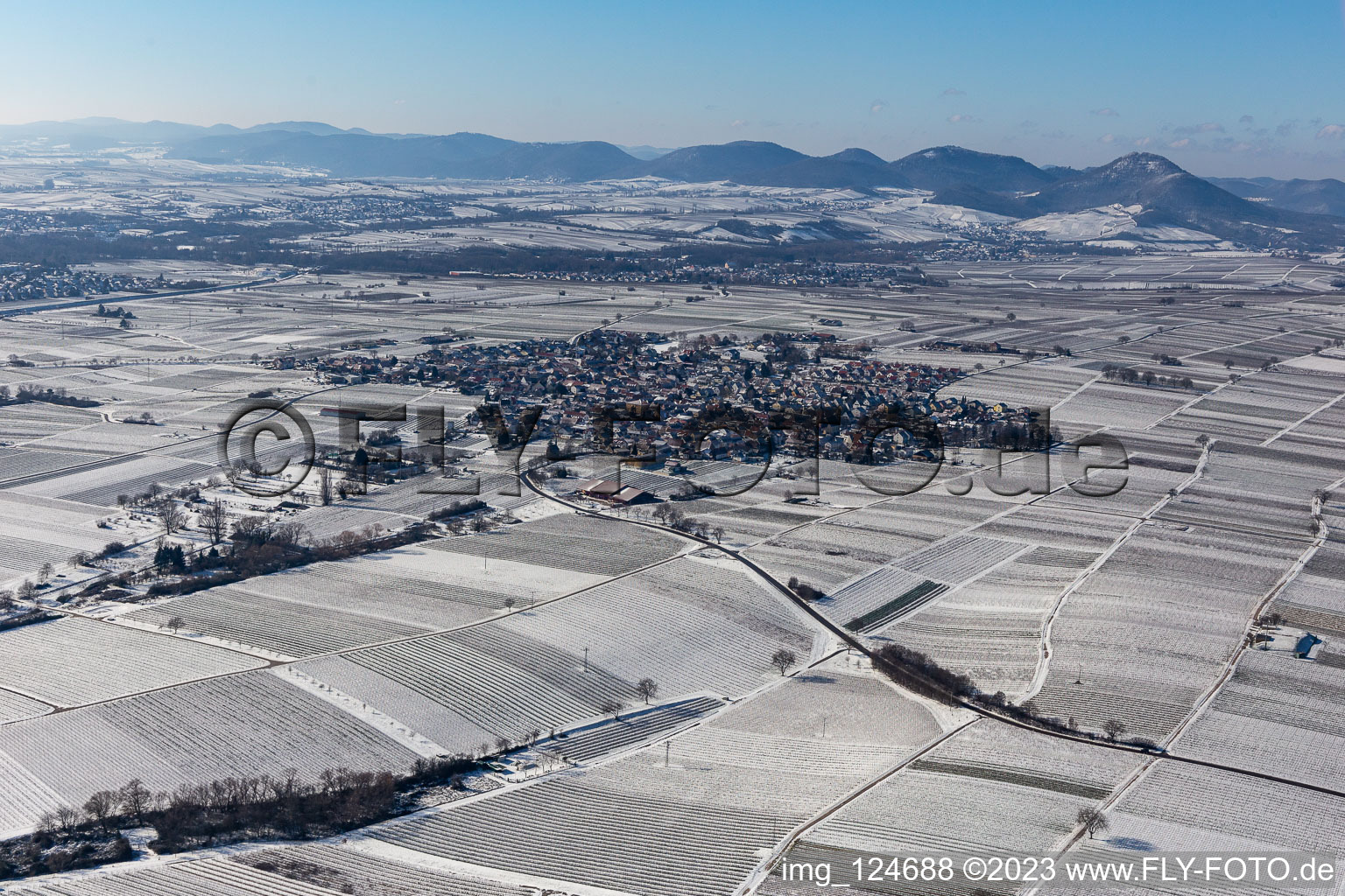 Winter aerial view in the snow in the district Nußdorf in Landau in der Pfalz in the state Rhineland-Palatinate, Germany